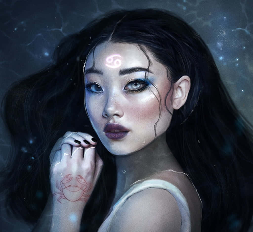 Zodiac Sign 桌布 壁紙 — 一位寧靜的動漫風格女性，額頭上有發光的巨蟹座符號，手浸在星光水中。