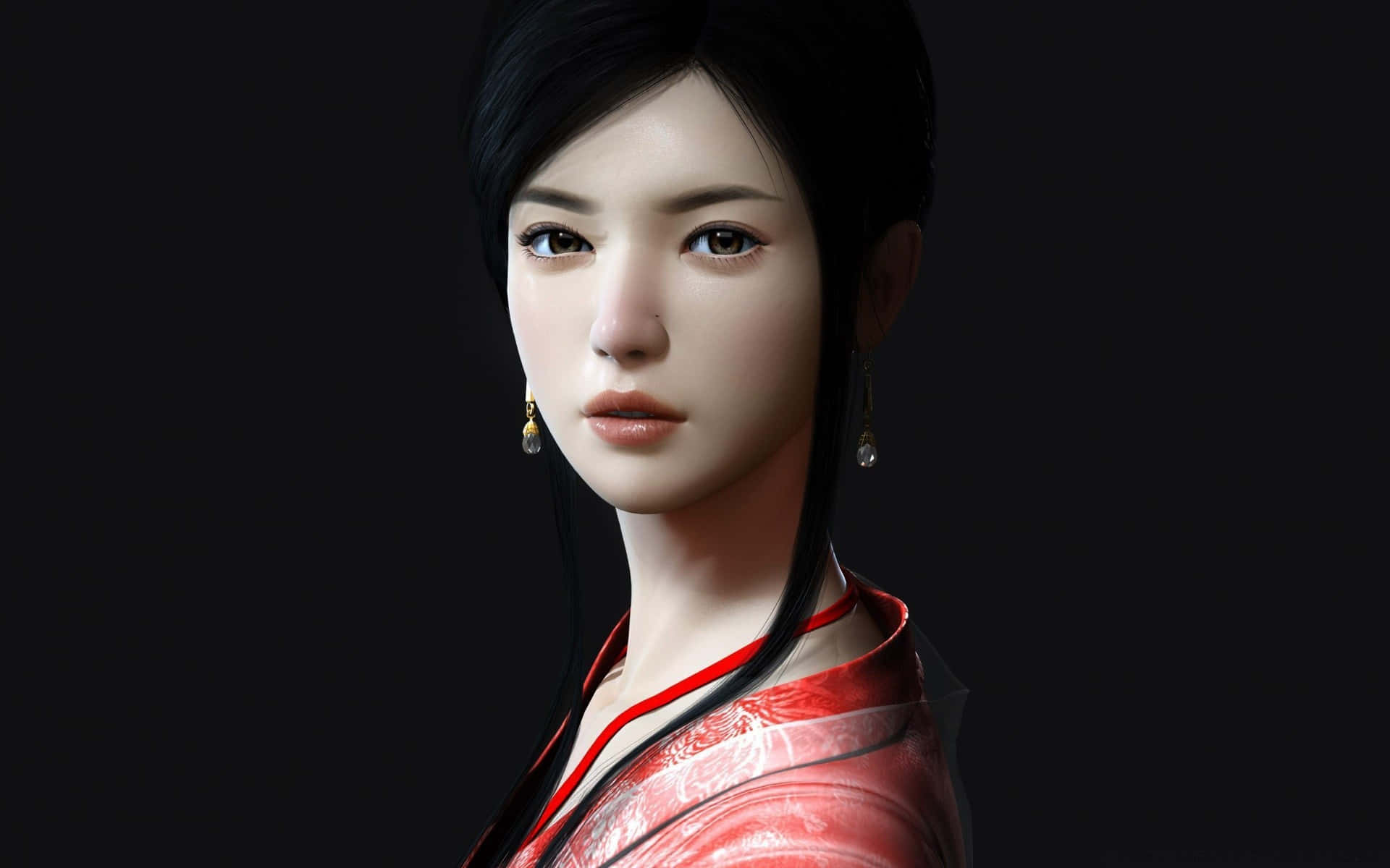 Japanese Women 桌布 壁紙 — 一位寧靜的動漫風格女性，黑髮紅衣傳統服飾，在深色背景中溫柔凝視。