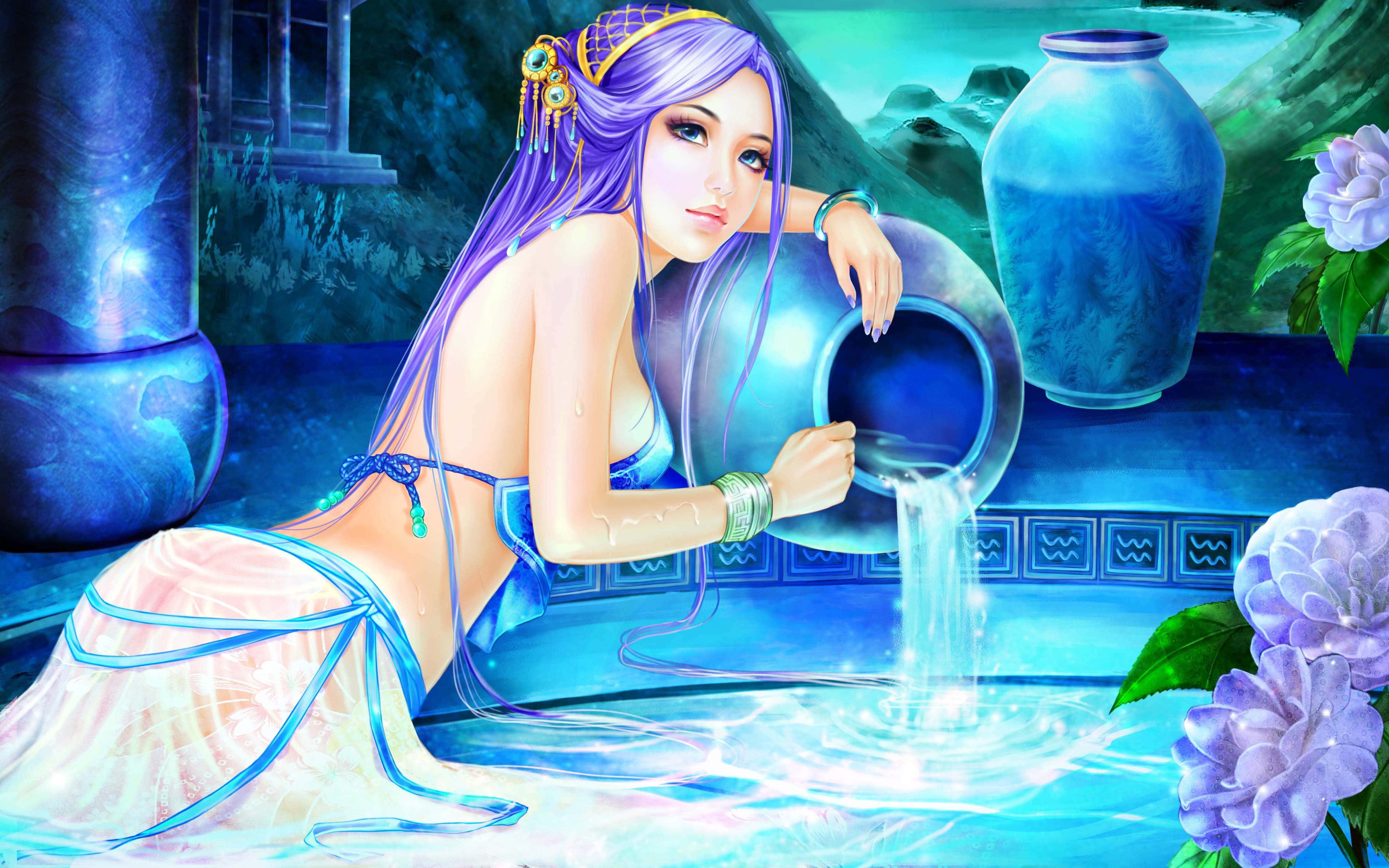 aquarius 桌布 壁紙 — 一位寧靜的動漫風格美人魚，紫色頭髮，將發光的水從水壺倒入旁邊盛開紫色花朵的池中。