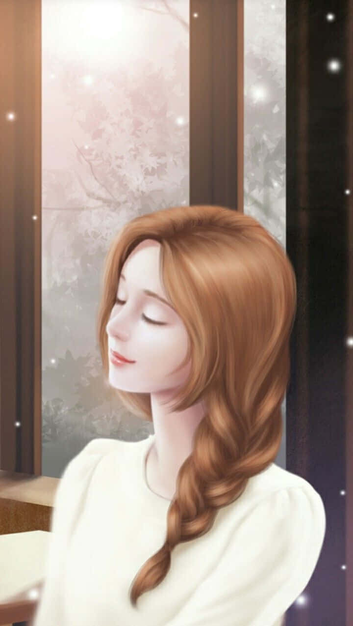 桌布 壁紙 — 一位寧靜的動畫女孩，長長的栗色辮子，坐在窗邊，沐浴在柔和的金色光芒中，閃爍的粒子在她周圍飄浮。