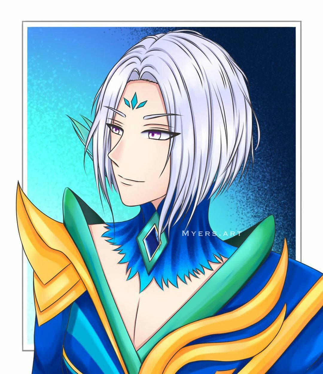 Mobile Legends 動態圖 桌布 壁紙 — 一位寧靜的動畫精靈，銀色頭髮和紫色眼睛，穿著藍色和金色的華麗服裝，背景是漸層的青綠色和藍色。