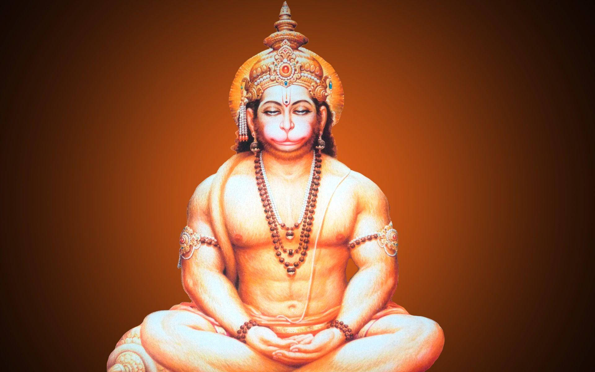 lord hanuman HD 桌布 壁紙 — 一位寧靜的印度教神祇，具有猴子特徵，盤腿打坐，背景為溫暖的漸變色。