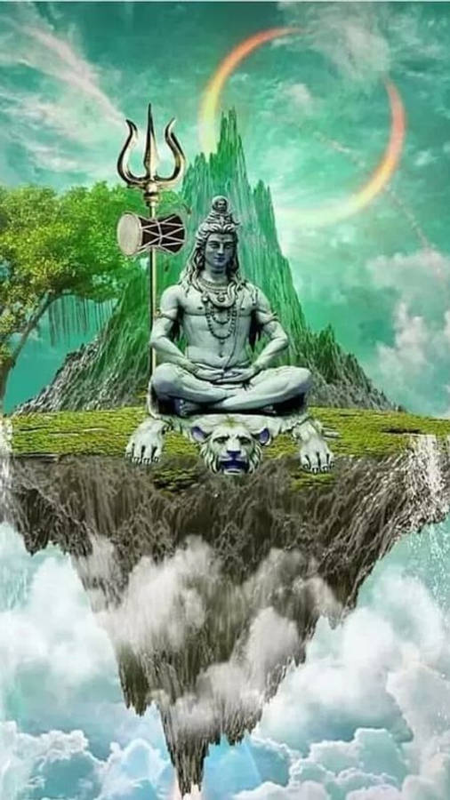 Mahadev Full HD 桌布 壁紙 — 一位寧靜的印度教神靈在浮島上冥想，下方有一頭獅子，上方有彩虹光環。