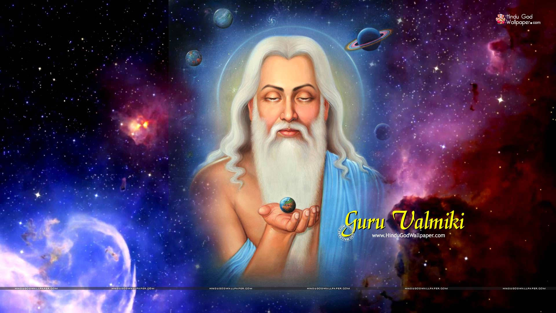 guru nanak dev ji 桌布 壁紙 — 一位寧靜的印度教聖人，白髮白鬚，漂浮在宇宙星雲中，手持一顆小行星，周圍環繞著星星和行星。
