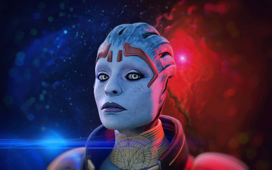 Mass Effect Samara 桌布 壁紙 — 一位寧靜的外星女性，擁有藍色皮膚和紅色標記，在旋轉的紅色和藍色星雲的宇宙背景下向前凝視。