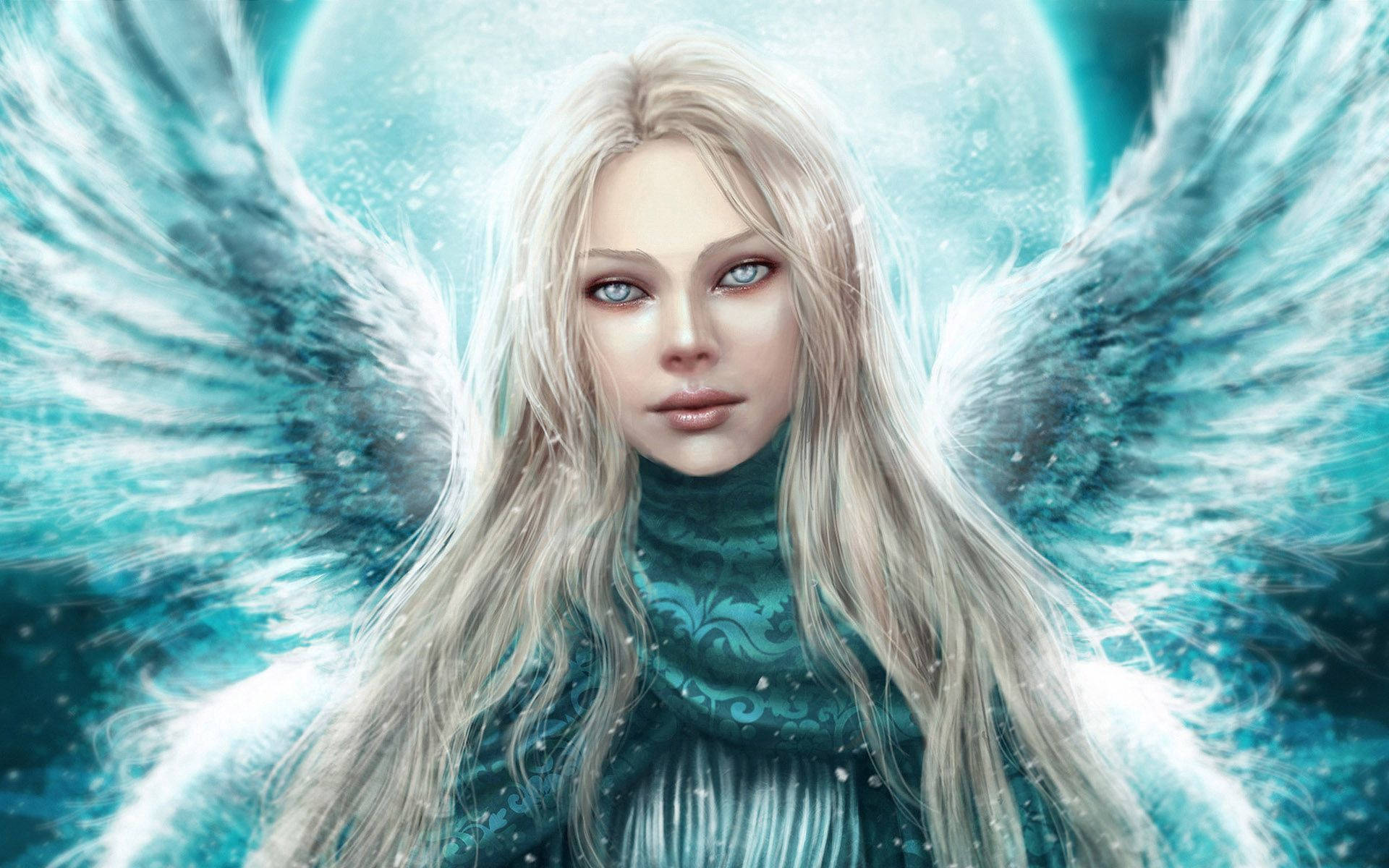 angels 桌布 壁紙 — 一位寧靜的天使，擁有冰藍色的翅膀和長長的金色頭髮，站在發光的月光背景下。