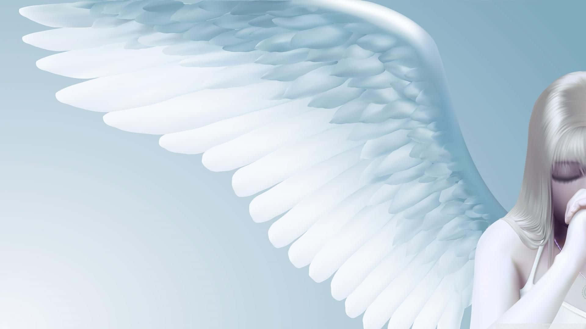 Cute Angels 桌布 壁紙 — 一位寧靜的天使，擁有巨大的白色翅膀和閉上的眼睛，在柔和的藍色漸變背景上安詳地休息。