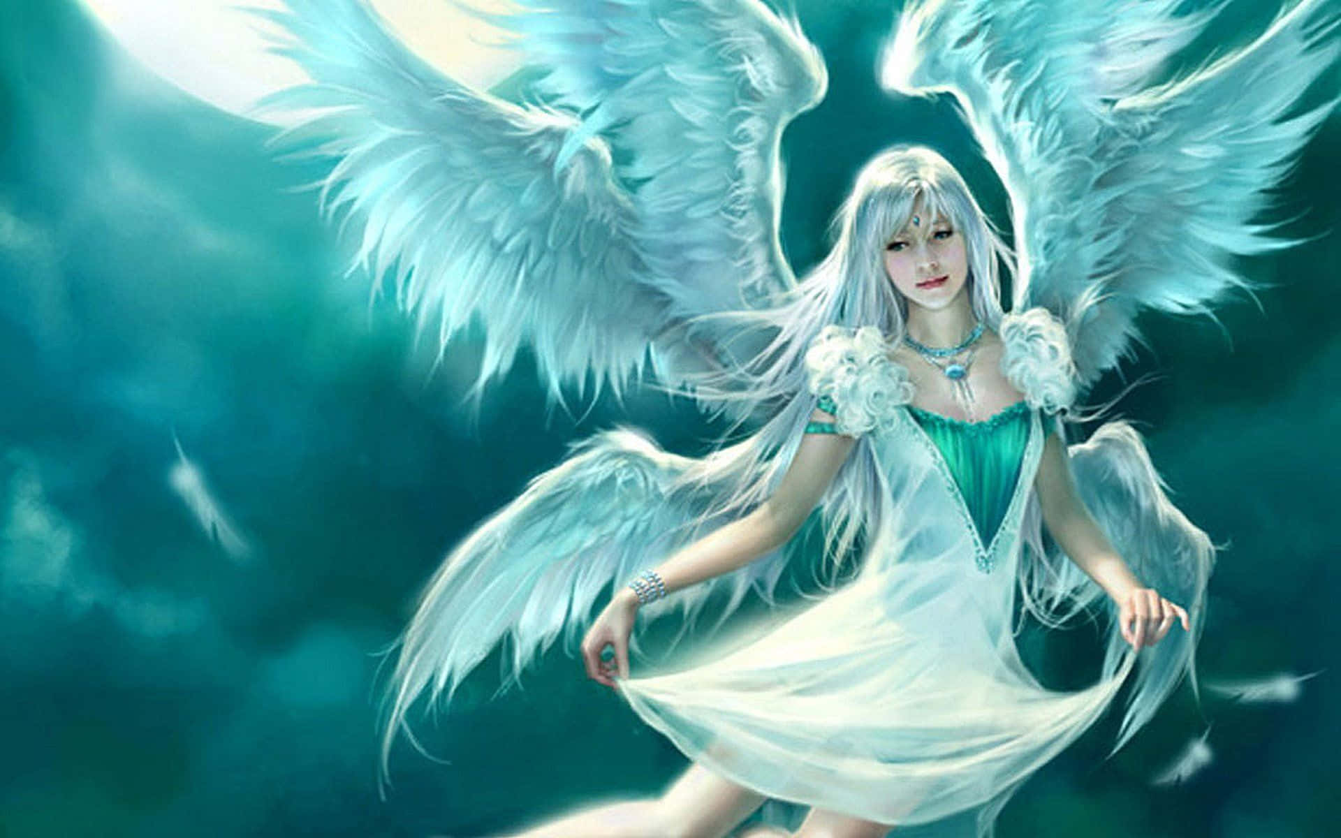 angels 桌布 壁紙 — 一位寧靜的天使，擁有巨大的白色翅膀，在憂鬱的青綠色天空中優雅地漂浮，她飄逸的長袍捕捉著空靈的光芒。