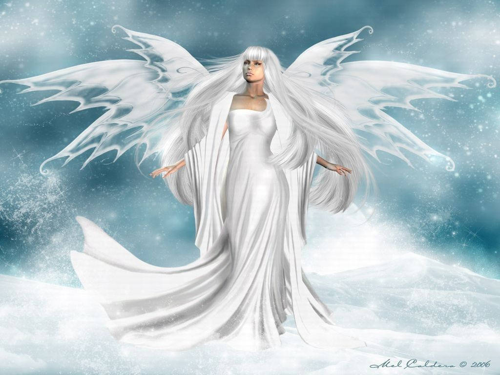 一位白翼天使穿著飄逸的長袍，站在星空下的雪雲上。 — 天堂 壁紙