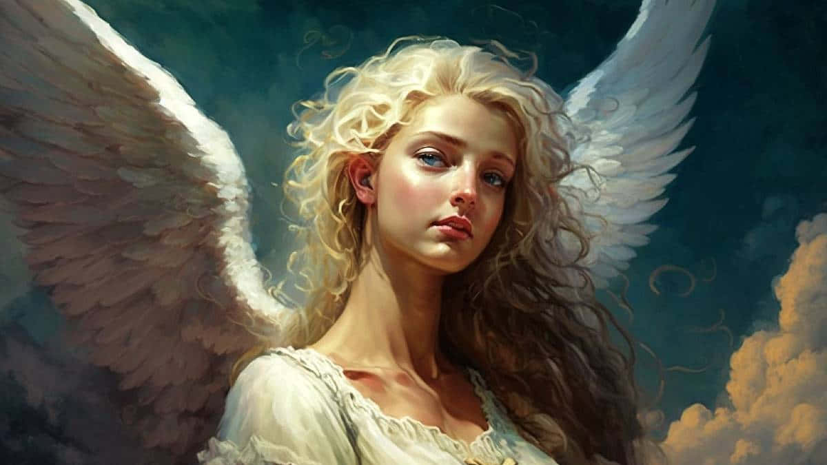 Beautiful Angel 桌布 壁紙 — 一位寧靜的天使，擁有飄逸的金色長髮和巨大的白色翅膀，在戲劇性的多雲天空下溫柔地凝視。