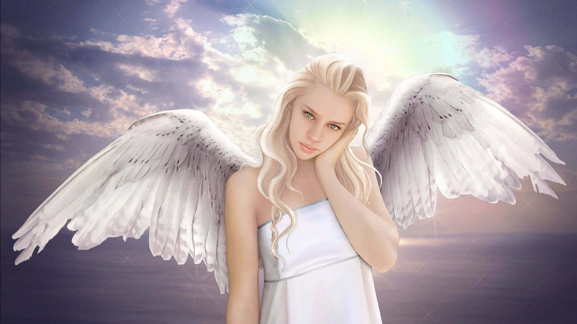 Angelic 桌布 壁紙 — 一位寧靜的天使，長長的金色頭髮和寬闊的白色翅膀，站在有柔和雲朵和閃耀光芒的燦爛天空前。
