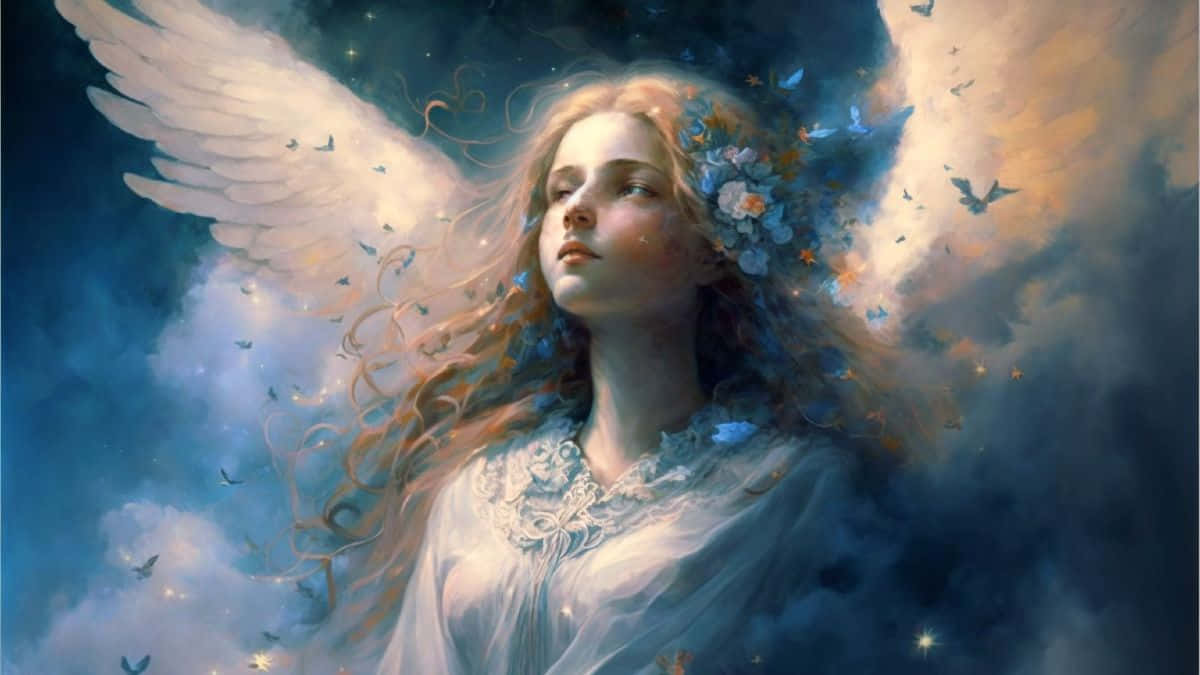 Beautiful Angel 桌布 壁紙 — 一位寧靜的天使，飄逸的頭髮和白色的翅膀，在發光的雲朵和飛舞的蝴蝶中向上凝視。