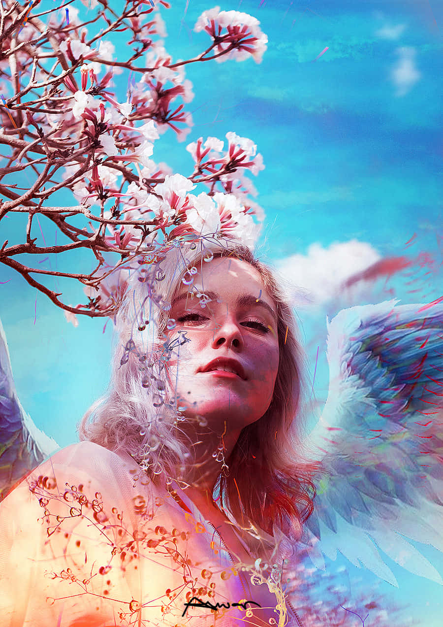 Beautiful Angel 桌布 壁紙 — 一位寧靜的天使般女子，擁有發光的翅膀，櫻花在她周圍飄浮，映襯著充滿活力的藍天。