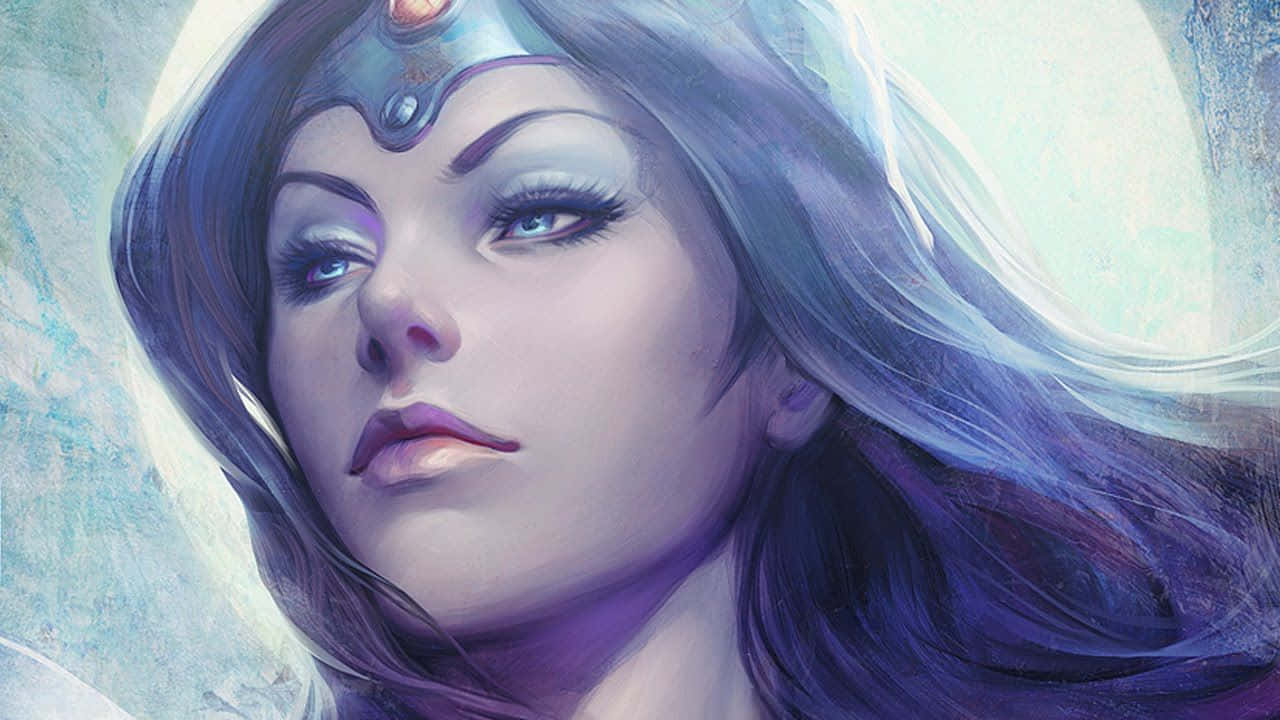 Mirana 桌布 壁紙 — 一位寧靜的奇幻女性，擁有飄逸的銀色長髮和發光的皇冠，在柔和的藍白色空靈背景下向上凝視。