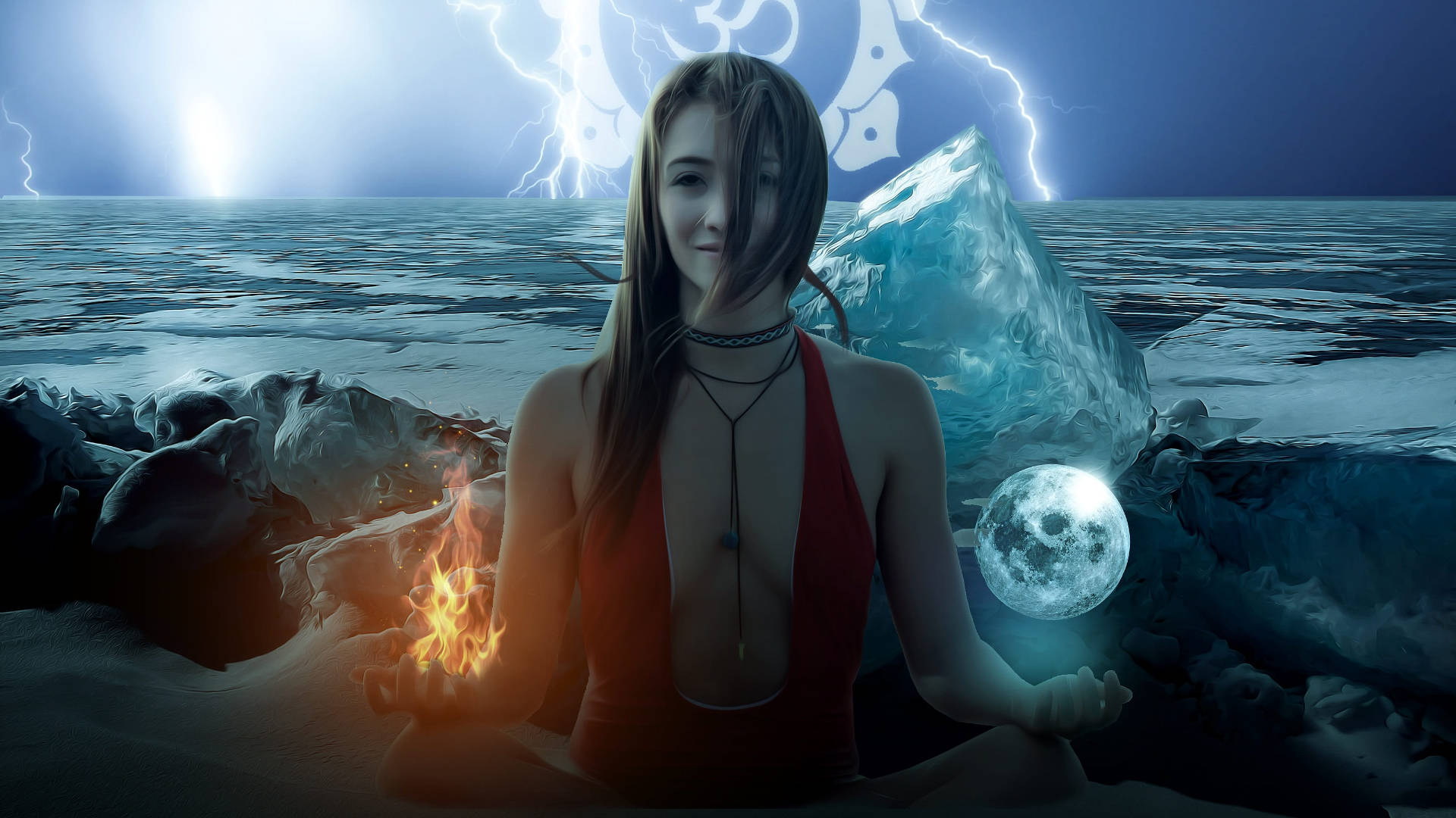 冰 桌布 壁紙 — 一位寧靜的女人在暴風雨的海灘上冥想，手持火焰和月光，身後有閃電劃過。