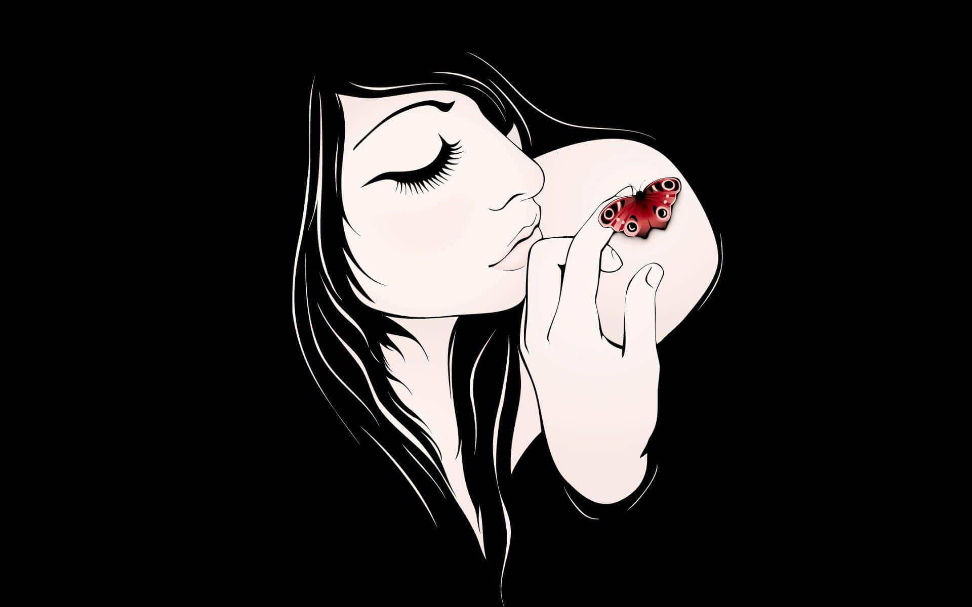 emo 桌布 壁紙 — 一位寧靜的女人閉上眼睛，溫柔地親吻一隻停在她手上的紅色蝴蝶，背景是純黑色。