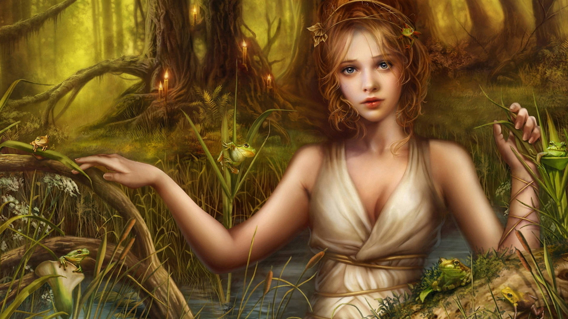 Beautiful HD 桌布 壁紙 — 一位寧靜的女子，藍眼睛金髮，站在迷霧森林中，周圍是青蛙和古樹中閃爍的蠟燭。