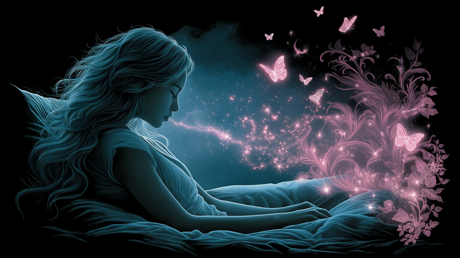Dreamy Woman with Flowing Magical Butterfly Aura 壁紙 — 一位寧靜的女子，藍色長髮飄逸，坐在床上，發光的粉紅色蝴蝶和花卉魔法從她的指尖旋轉而出，映襯著黑暗的背景。