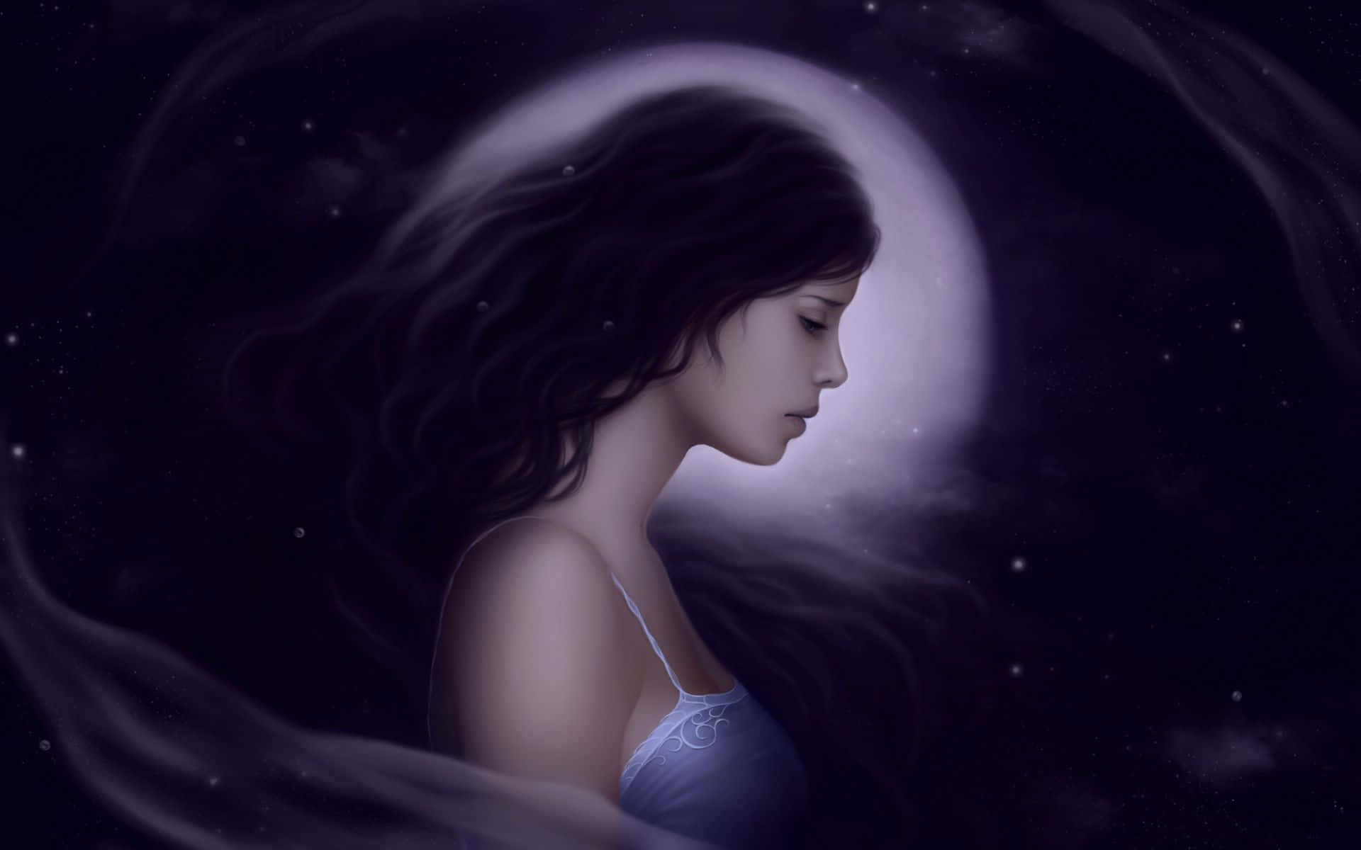 graphic art 桌布 壁紙 — 一位寧靜的女子，長著飄逸的深色頭髮，側面站在發光的月亮和星空夜空前。