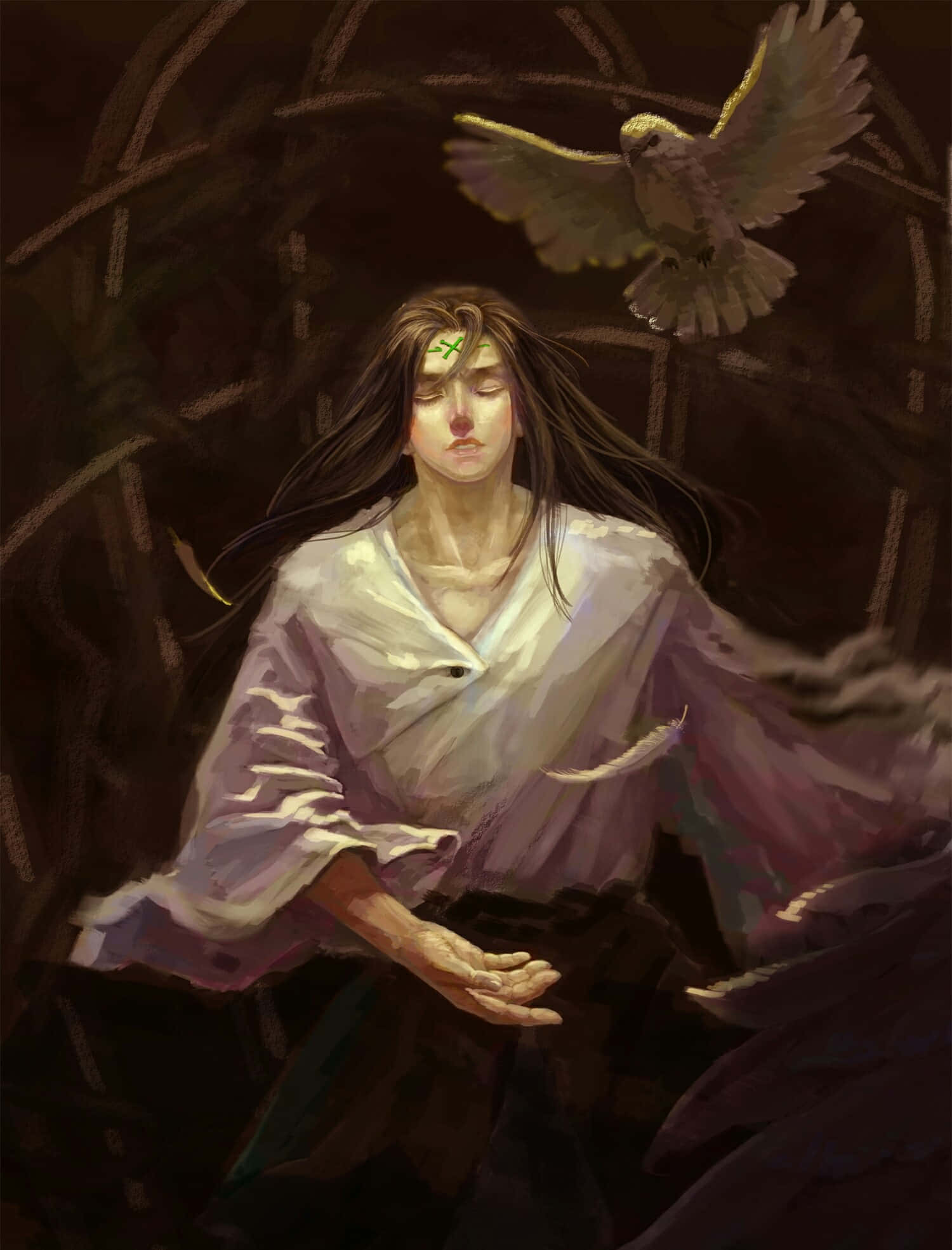 Neji Hyuga 桌布 壁紙 — 一位寧靜的女子，長長的黑髮，額頭上有綠色印記，在昏暗、藤蔓覆蓋的環境中，一隻鴿子飛近她伸出的手，她平靜地坐著。