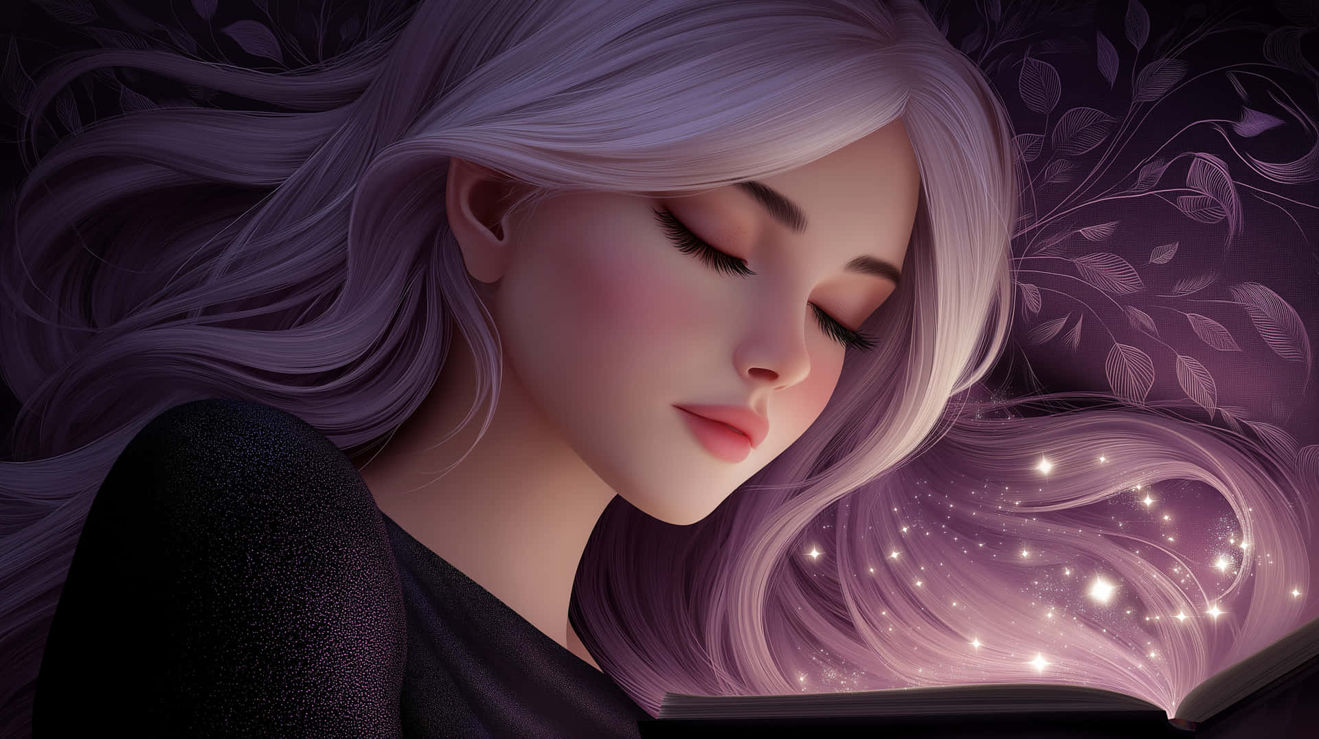 Dreamy Woman Reading Magical Book with Glowing Light 壁紙 — 一位寧靜的女子，飄逸的薰衣草色頭髮，在夢幻般的紫色氛圍中閱讀一本書，發光的星星在她周圍旋轉。