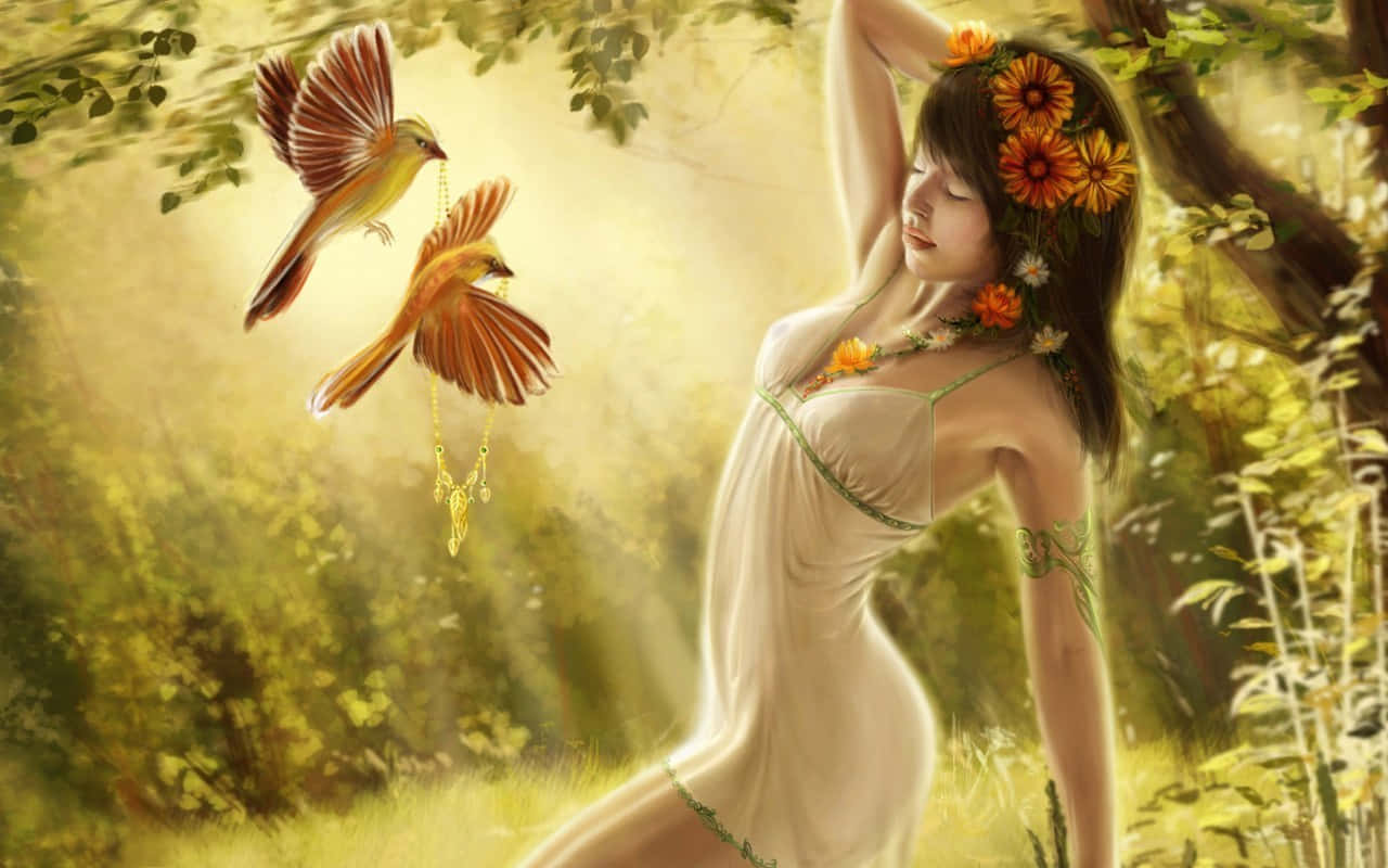奇幻藝術 桌布 壁紙 — 一位寧靜的女子戴著橙色花朵，站在陽光明媚的森林中，兩隻鳥兒正將一條金色鏈條帶向她。