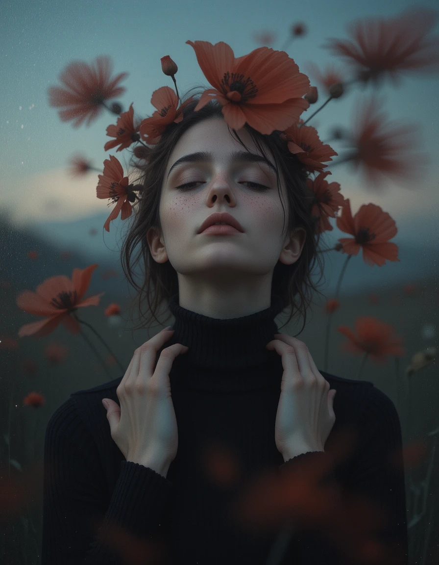 Looking Up 桌布 壁紙 — 一位寧靜的女子閉上眼睛，戴著鮮紅罌粟花冠，映襯著柔和的暮色天空。