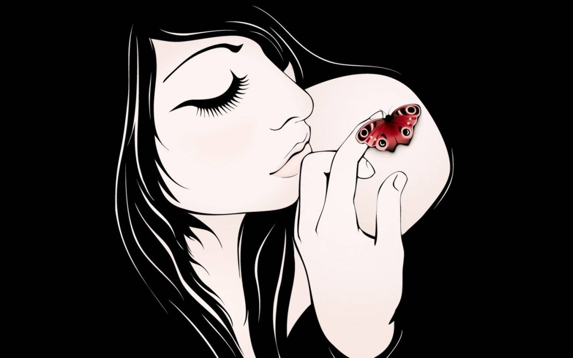 Drawing 桌布 壁紙 — 一位寧靜的女子閉著雙眼，輕輕親吻一隻棲息在她指尖的鮮豔紅蝴蝶，背景是 stark 的黑色。