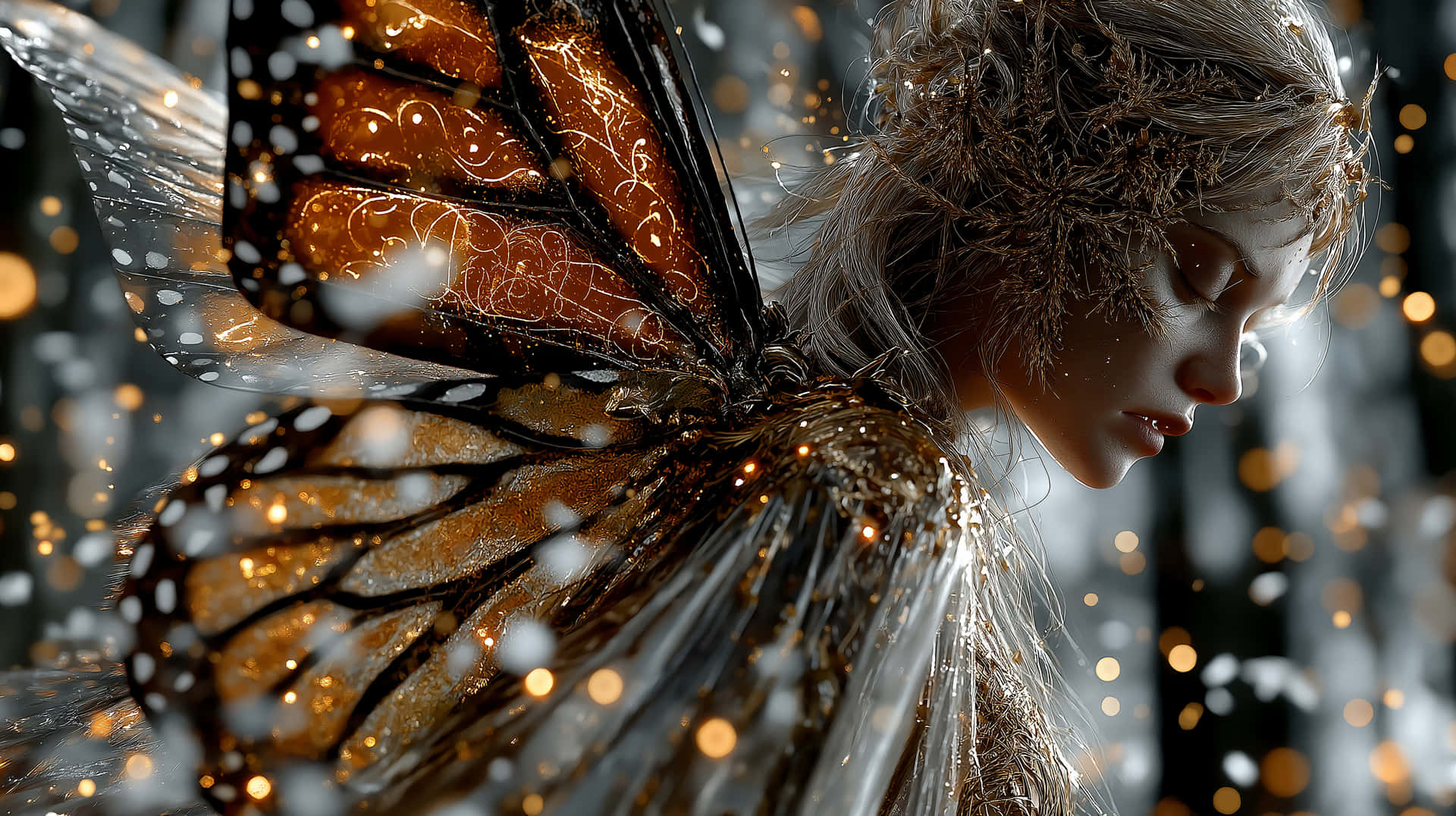 Enchanting Butterfly Mage with Golden Dust and Delicate Wings 壁紙 — 一位寧靜的女性，擁有飾有金色圖案和發光粒子的蝴蝶翅膀，飄過雪白的森林。