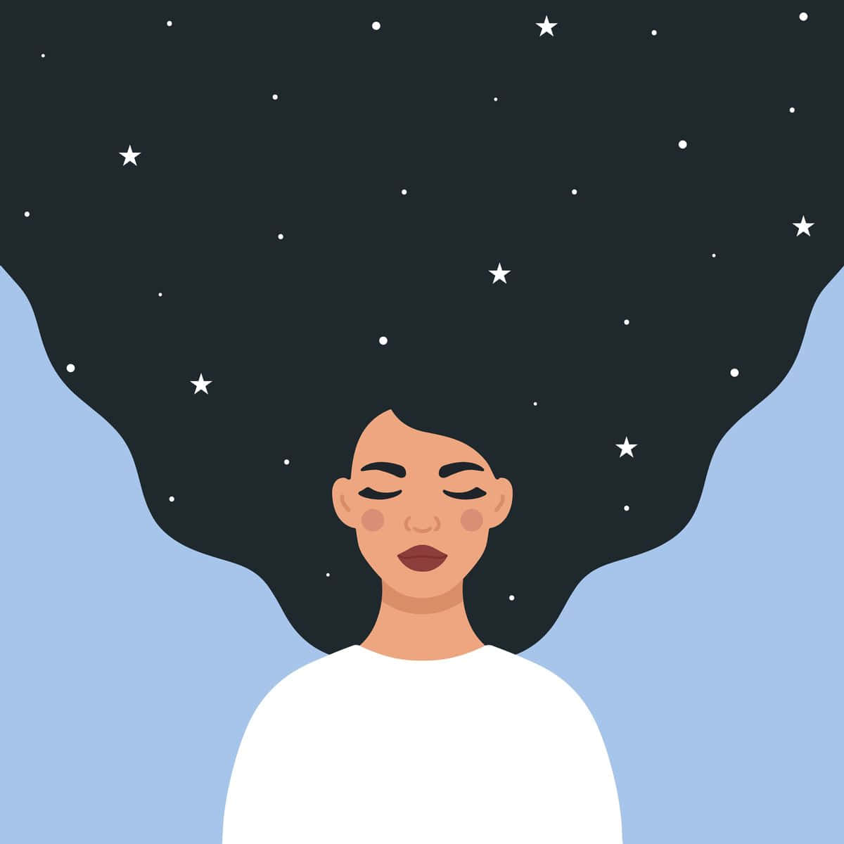 Dreaming 桌布 壁紙 — 一位寧靜的女性，頭髮充滿星星，仰望柔和的藍天。