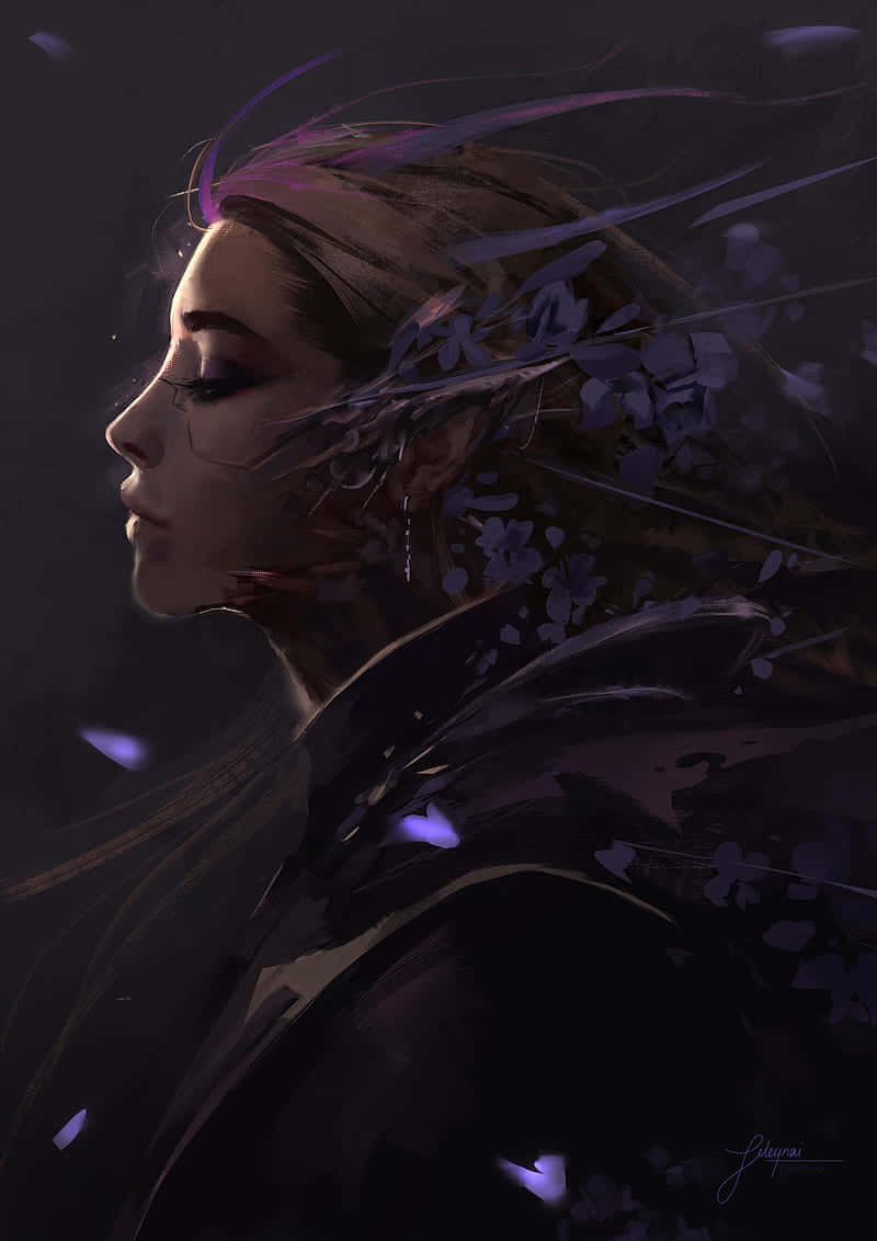 fiction 桌布 壁紙 — 一位寧靜的女性側面，飄逸的頭髮和紫色花瓣在她周圍旋轉，形成一幅黑暗氛圍的肖像。