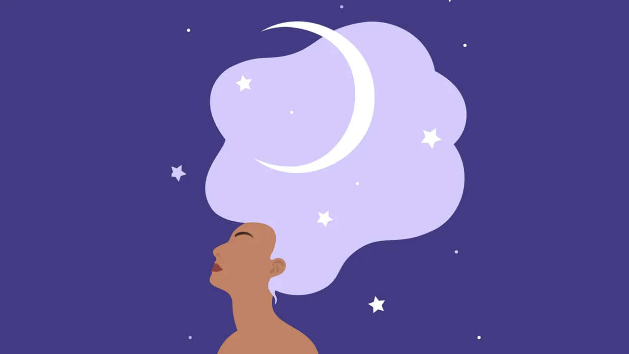 Dreaming 桌布 壁紙 — 一位寧靜的女性向上凝視，一彎新月和星星漂浮在她夢幻般的薰衣草雲朵中，背景是深紫色的夜空。