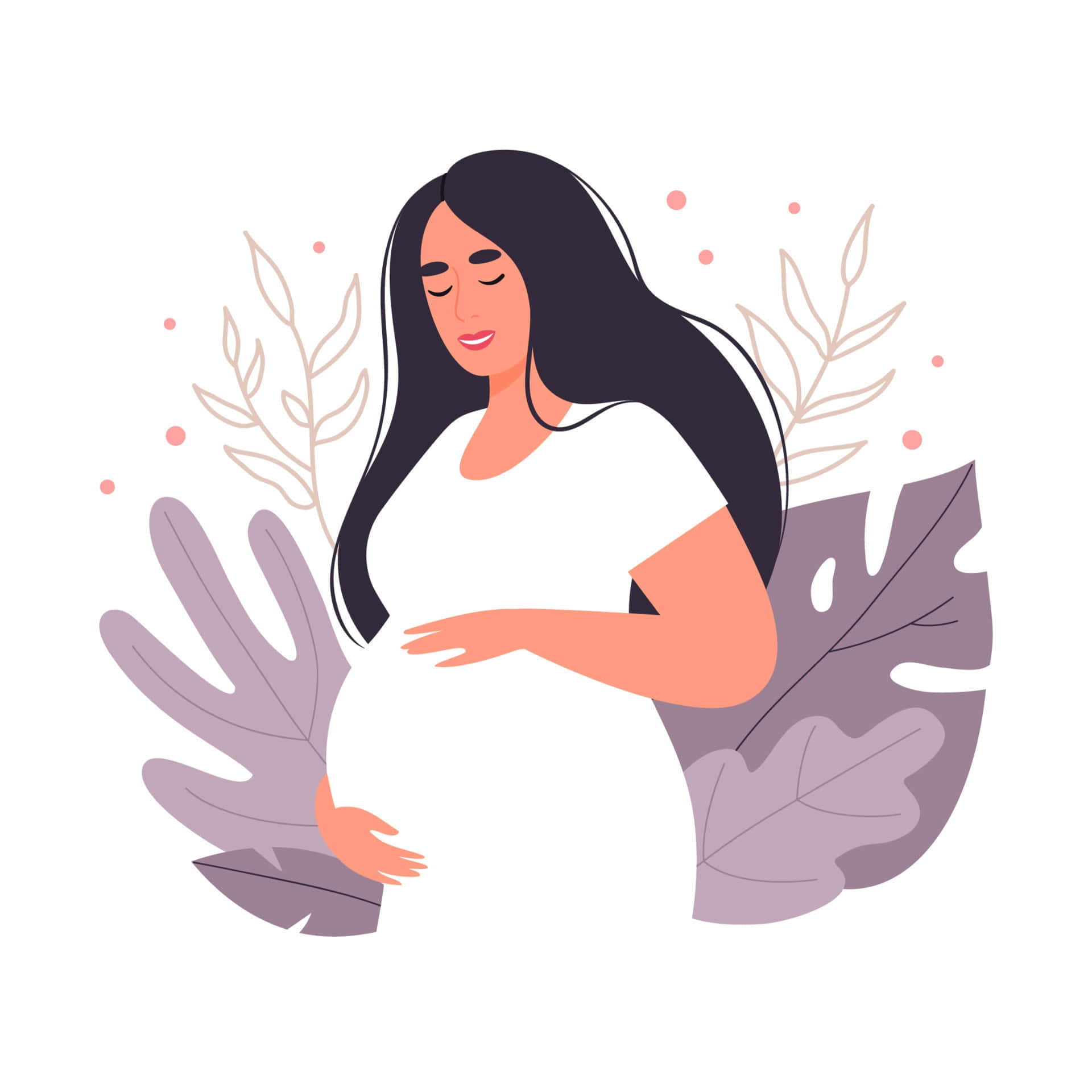 pregnancy 桌布 壁紙 — 一位寧靜的孕婦，長長的黑髮，輕輕地抱著她的肚子，周圍環繞著風格化的紫色葉子和柔和的粉紅色圓點。