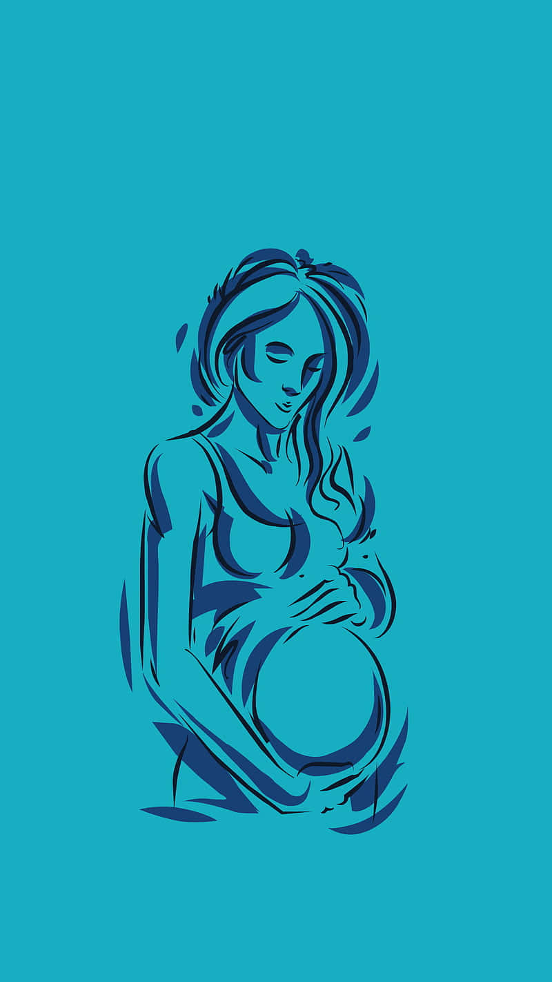 Pregnant 桌布 壁紙 — 一位寧靜的孕婦以流動的藍色調，在純青色背景前輕抱腹部。