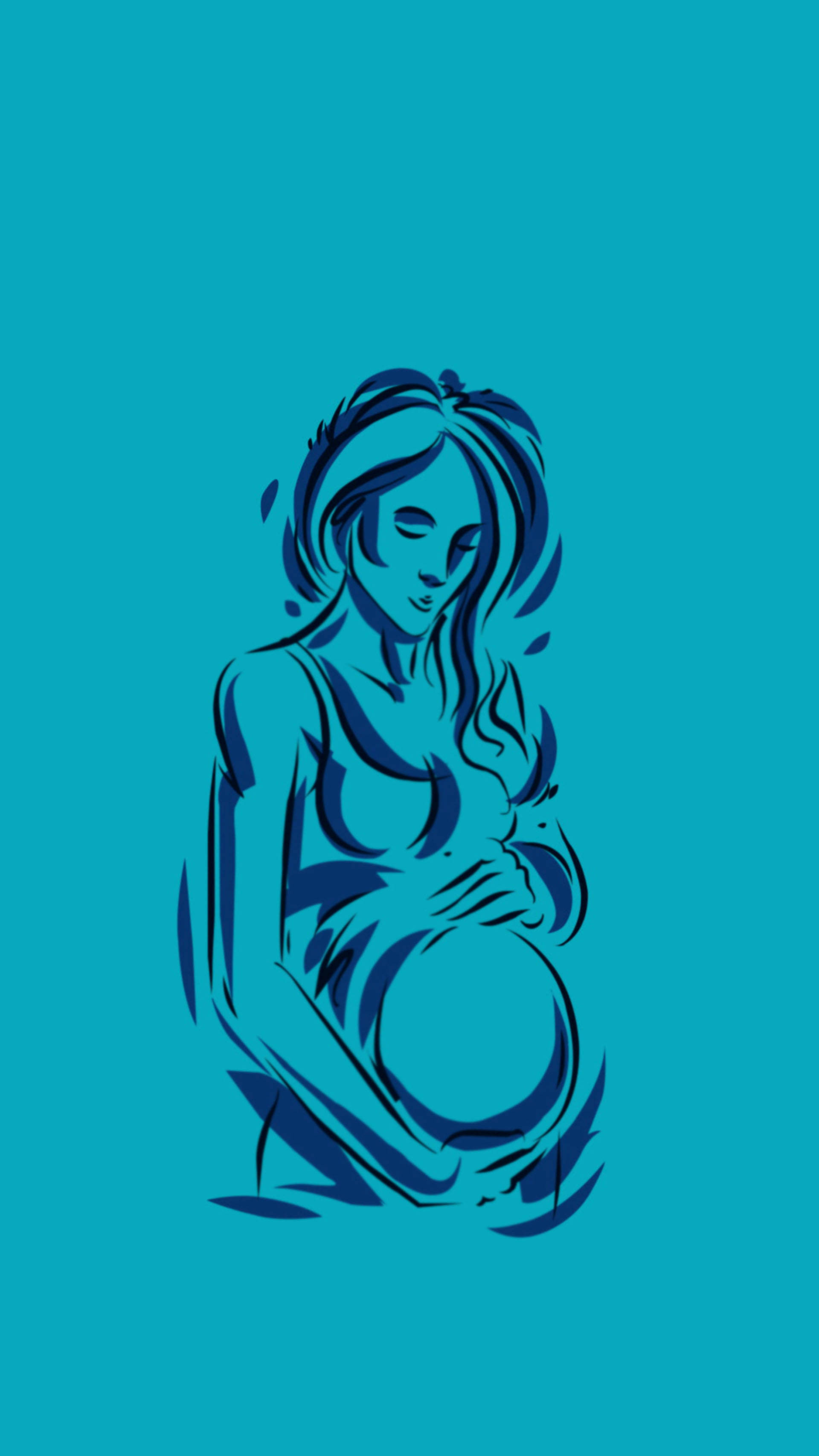Pregnant 桌布 壁紙 — 一位寧靜的孕婦以流暢的藍色線條勾勒，懷抱著腹部，背景為純青色。