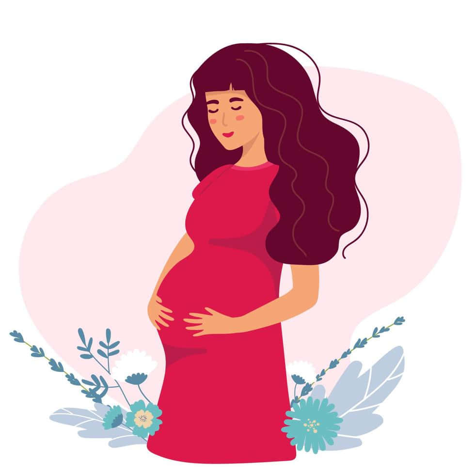 pregnancy 桌布 壁紙 — 一位寧靜的孕婦穿著紅色連衣裙，輕輕地抱著她的肚子，周圍環繞著柔和的藍色花朵和葉子。