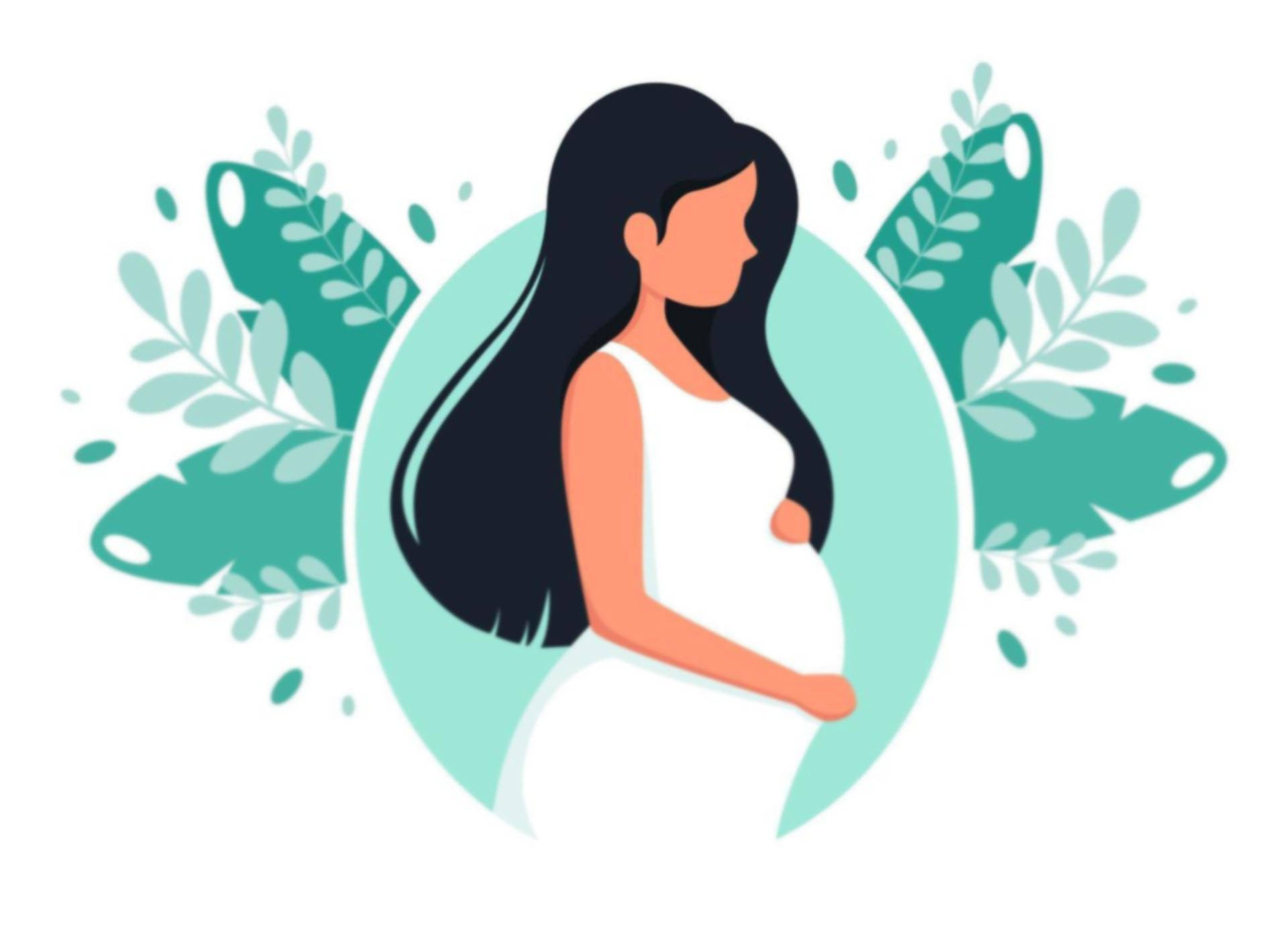 Pregnant 桌布 壁紙 — 一位寧靜的孕婦身穿白色連衣裙，在柔和的青綠色樹葉環繞下，輕輕地抱著腹部，極簡風格插圖。