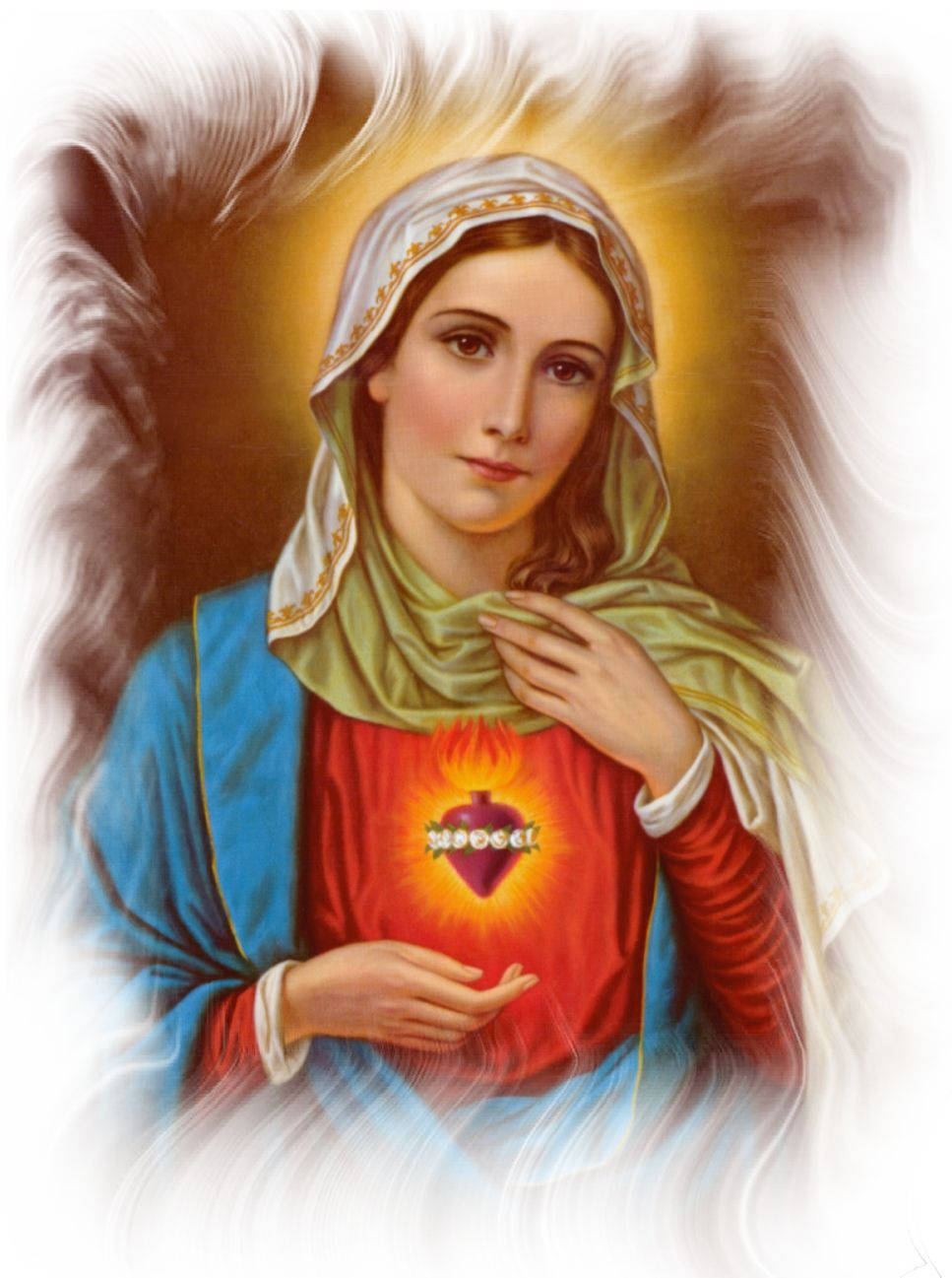 Catholic 桌布 壁紙 — 一位寧靜的宗教人物，帶有光輝的光環，胸前捧著一個發光的聖心符號。