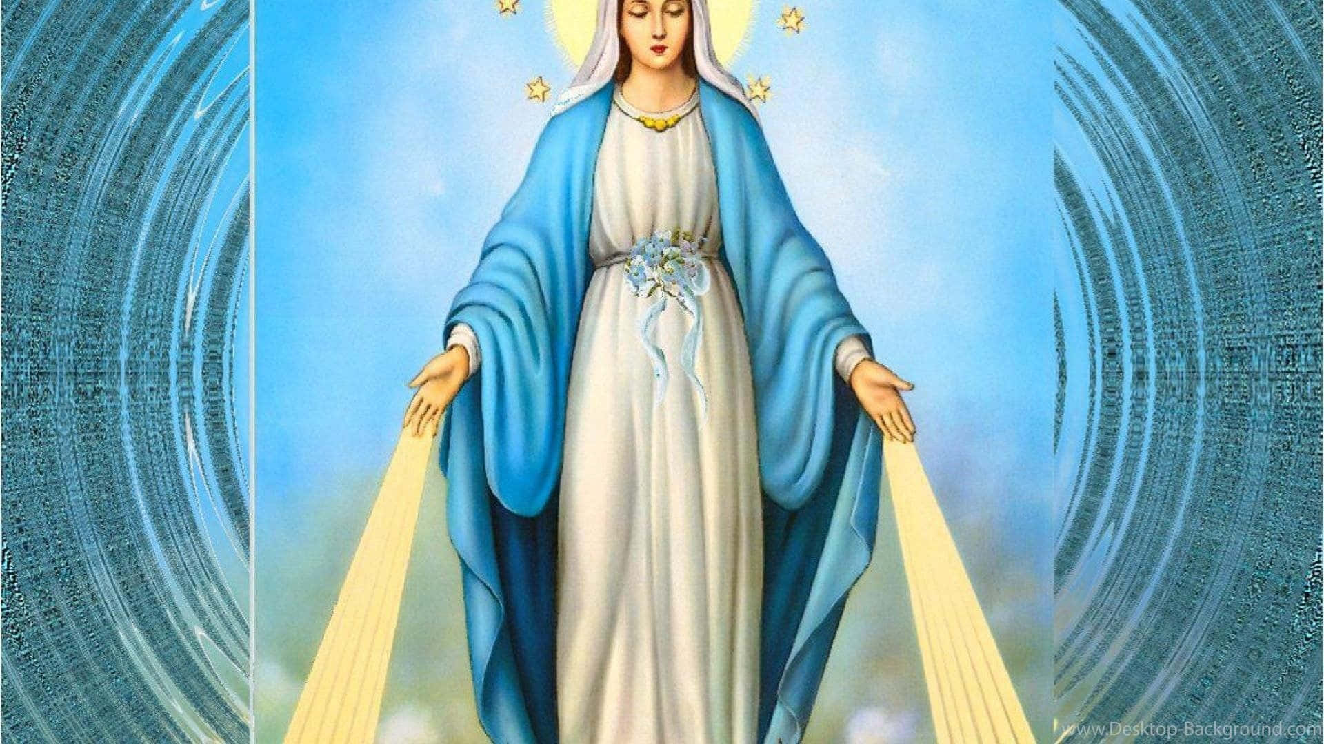 Mother Mary 桌布 壁紙 — 一位寧靜的宗教人物，身穿藍白長袍，帶有金色光環和星星，站在旋轉的藍色背景中，沐浴在耀眼的光芒中。