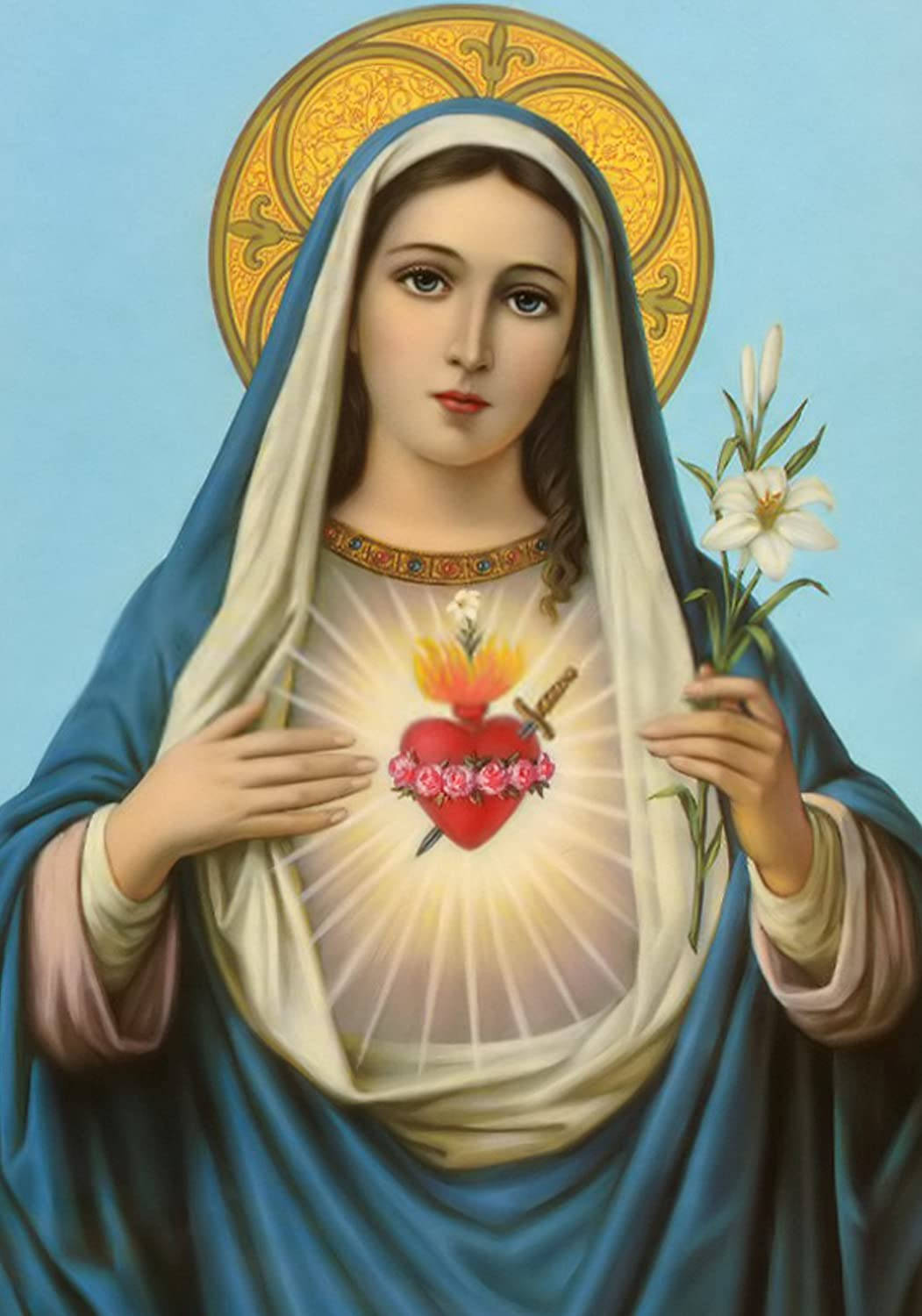 Virgin Mary 桌布 壁紙 — 一位寧靜的宗教人物帶有金色光環，手持百合花，顯露出被劍刺穿並被玫瑰包圍的閃耀聖心。