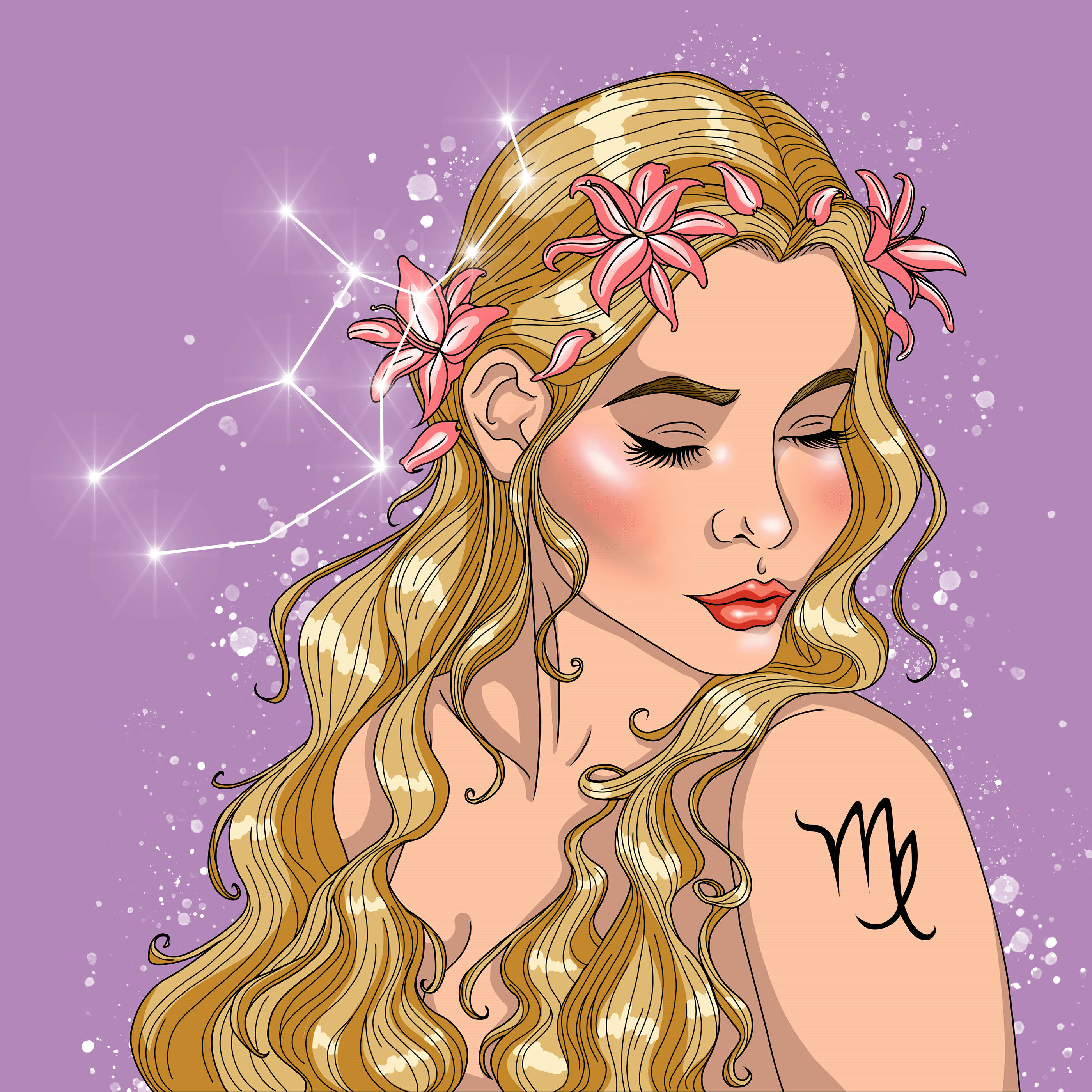 zodiac 桌布 壁紙 — 一位寧靜的插畫女子，金色捲髮上綴有粉紅花朵，在閃爍的紫色星空背景下低頭凝視，肩上有一個處女座星座刺青。