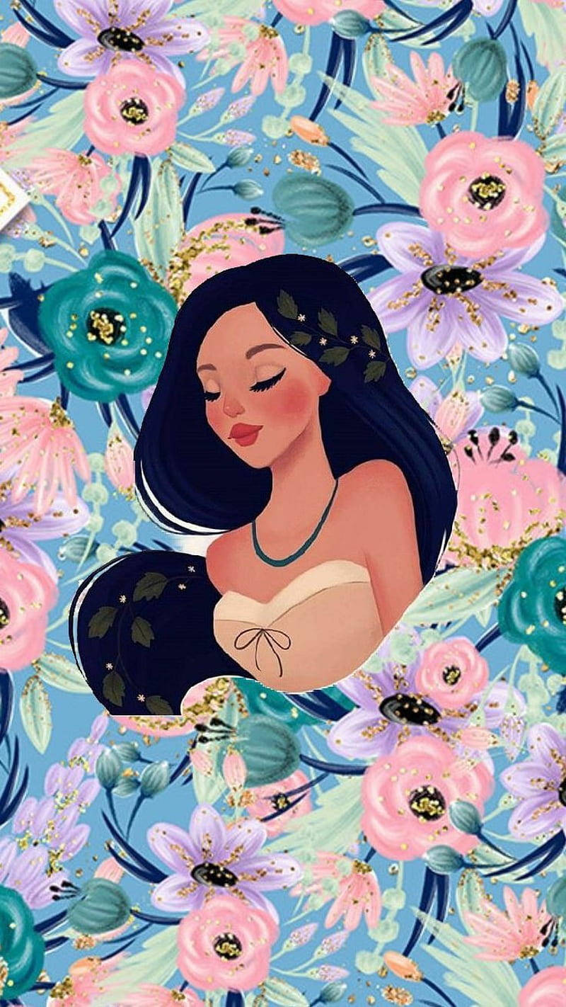 Pocahontas 桌布 壁紙 — 一位寧靜的插畫女性，深色頭髮和花冠，在藍色背景上，置身於充滿活力的粉紅色、紫色和藍綠色花朵中。