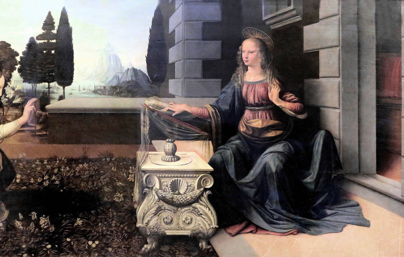 Museum 桌布 壁紙 — 一位寧靜的文藝復興時期女子身穿藍色長袍，坐在石台上，手持一本書，背後是遙遠的山巒景色。