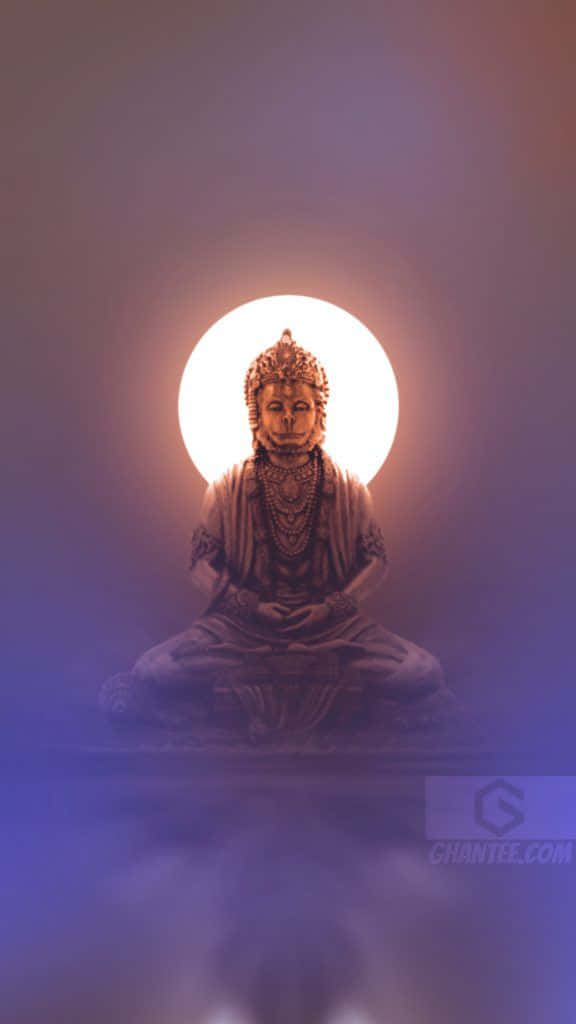 Statue Aesthetic 桌布 壁紙 — 一位寧靜的猴面神祇以蓮花坐姿冥想，背景是發光的圓形光芒，下方有紫色薄霧。