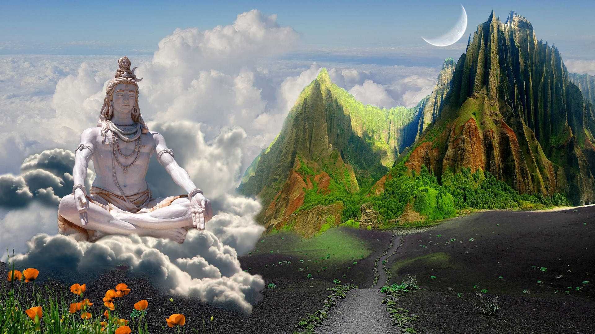 自然 桌布 壁紙 — 一位寧靜的白色神靈在雲端上冥想，下方是超現實的山谷，有新月和橙色花朵。