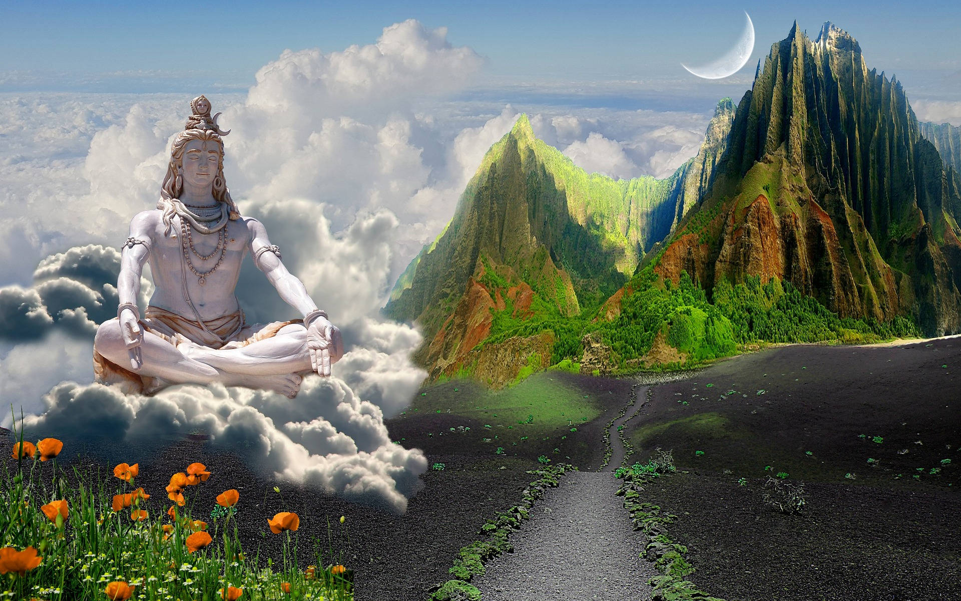 shiv shankar 桌布 壁紙 — 一位寧靜的白色神靈在雲端上冥想，旁邊是色彩繽紛的山脈，上方有一彎新月。
