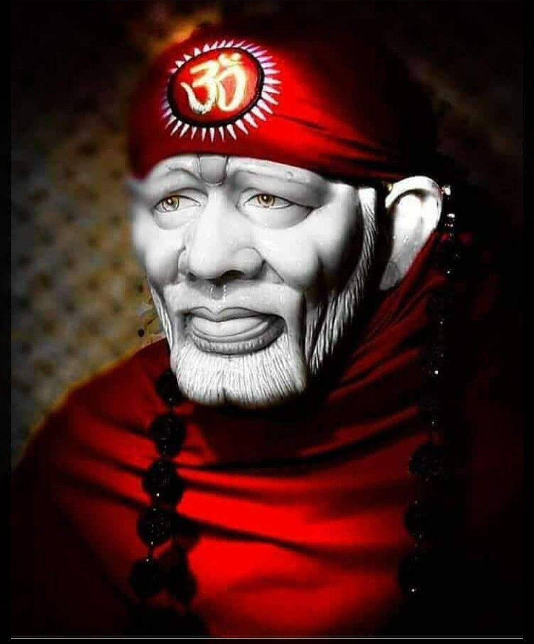 一位白鬍子的靈性聖人，穿著紅色長袍和Om頭帶。 — Sai Baba 高畫質壁紙 壁紙