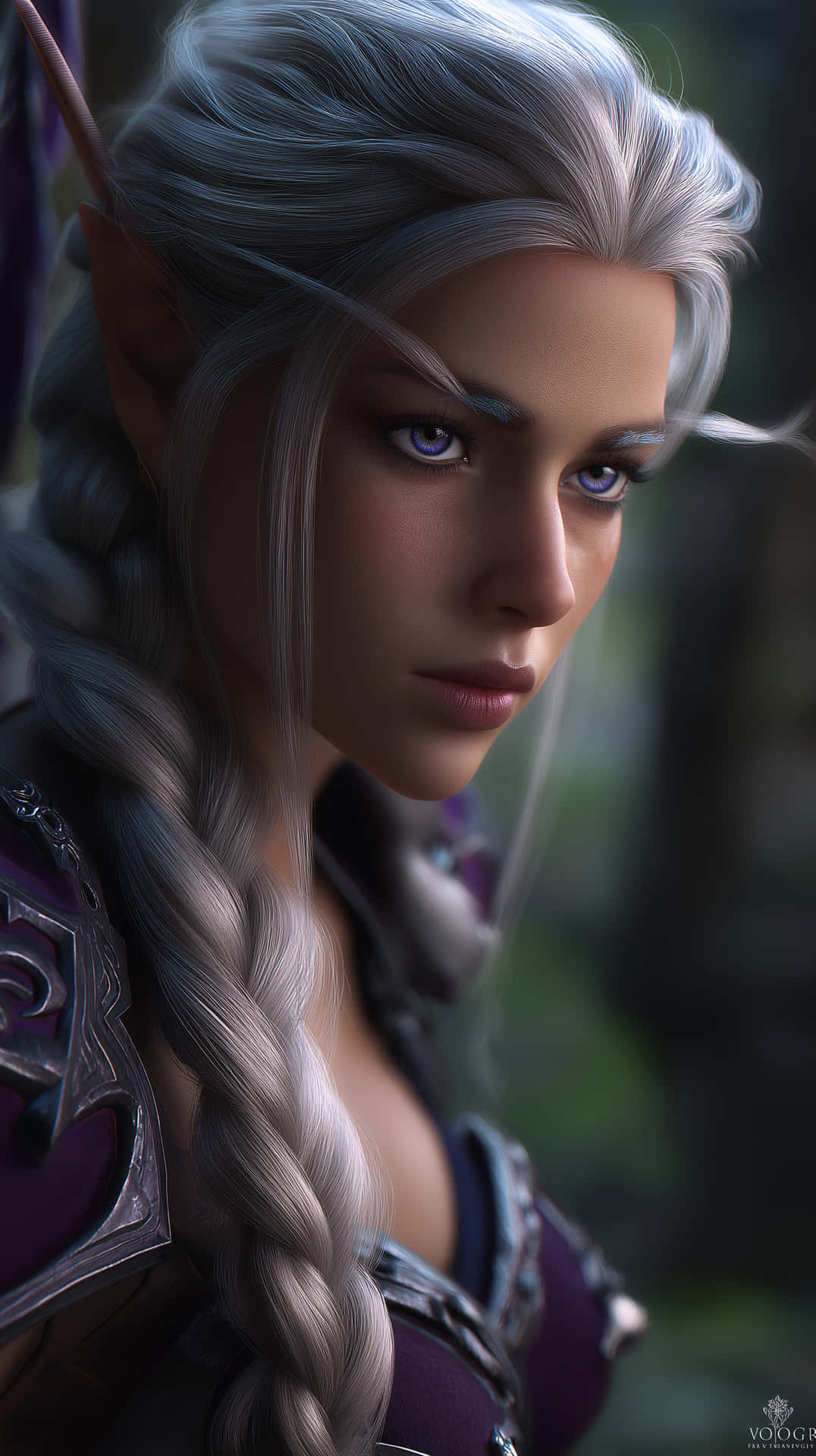 Graceful Elf with Braided Tresses and Elegant Armor 壁紙 — 一位寧靜的精靈女性特寫肖像，銀色辮子頭髮和尖耳朵，在森林環境中穿著紫色盔甲。