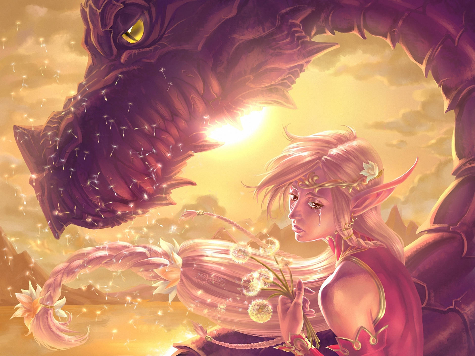Dungeons And Dragons 桌布 壁紙 — 一位寧靜的精靈少女手持蒲公英，一條溫和的龍在金色夕陽天空中守護著她。