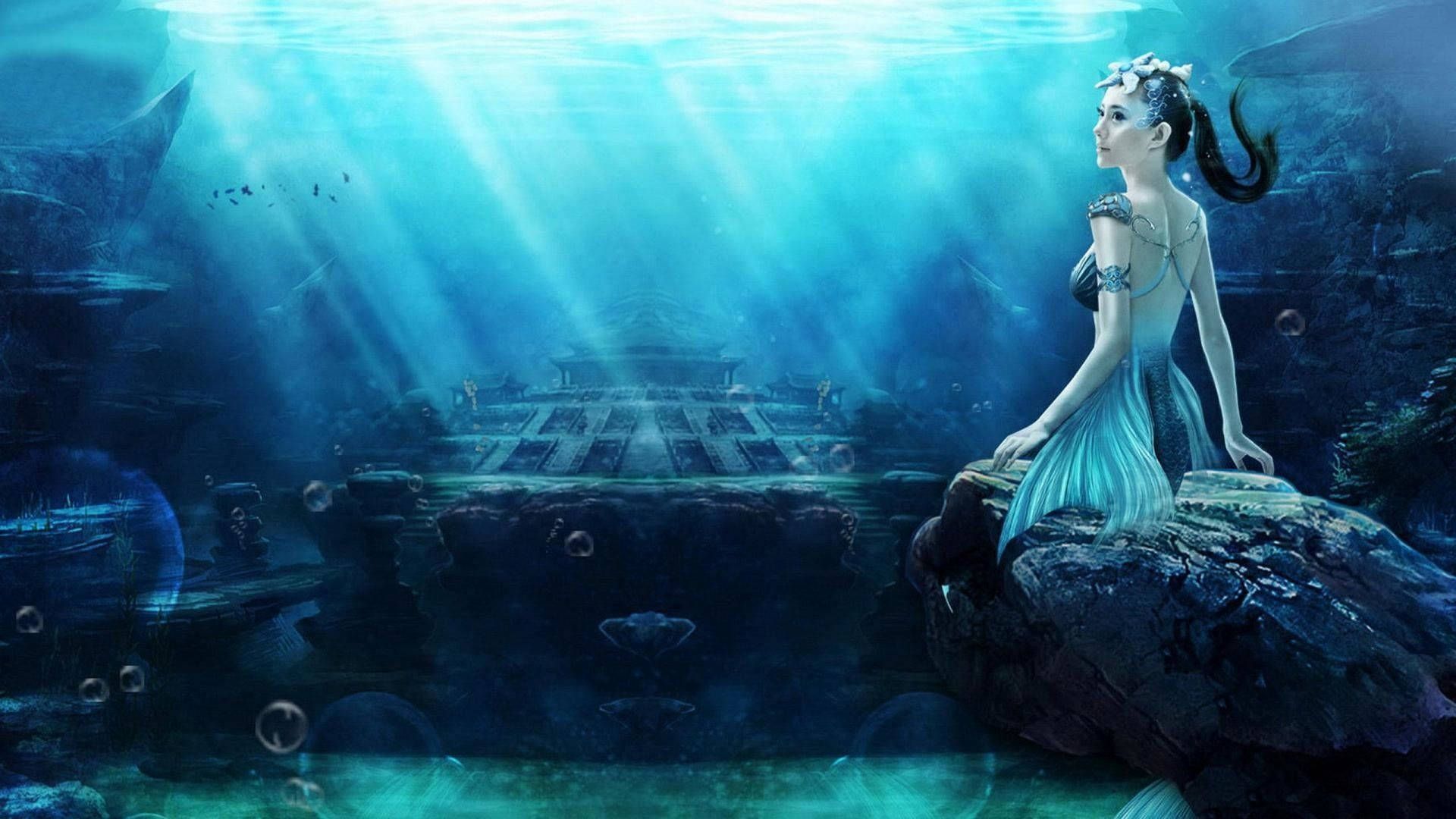 漂亮的桌面 桌布 壁紙 — 一位寧靜的美人魚，擁有流動的藍色尾巴，坐在陽光照射的水下岩石上，凝視著遠處沉沒的神殿。